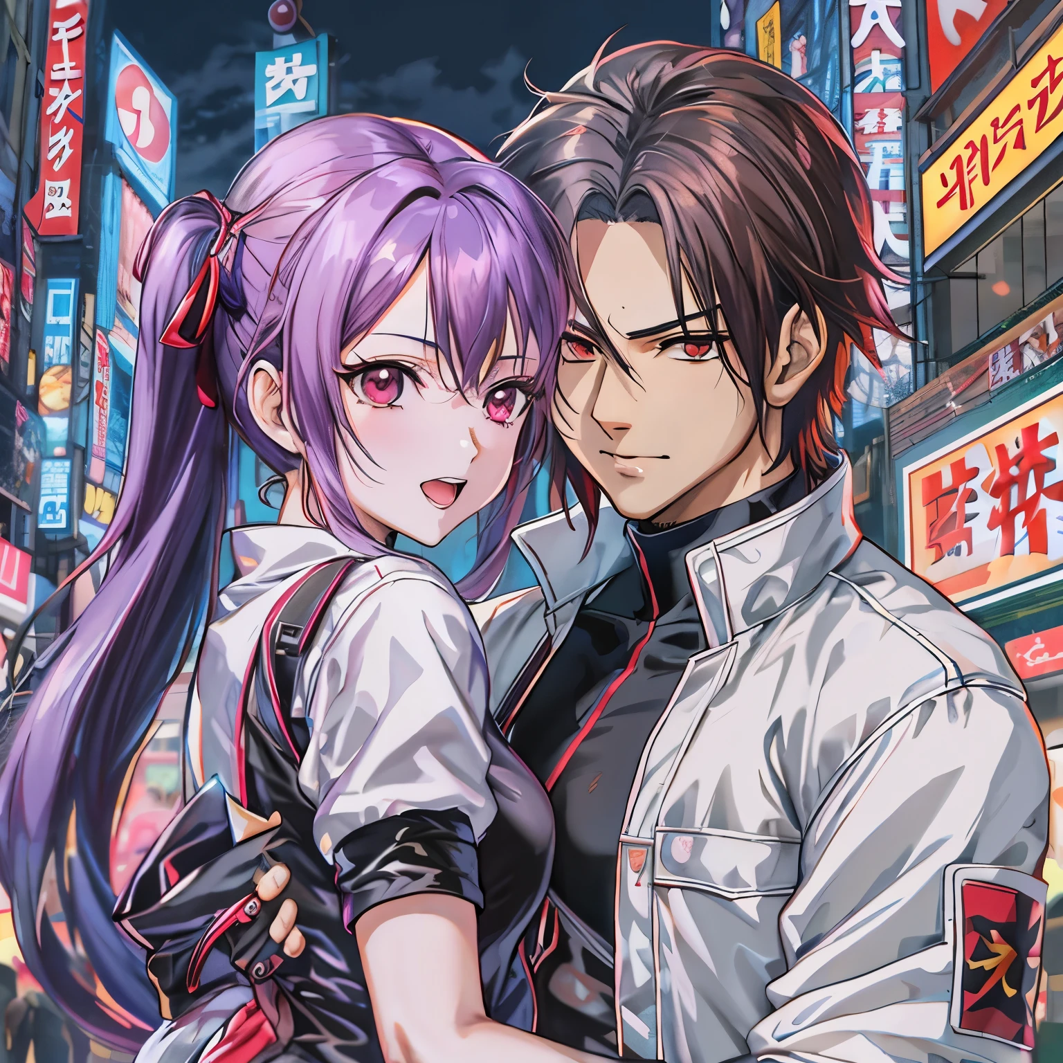 anime couple hugging in the middle of a city street, Estilo Rei dos Lutadores, Sakimichan e Frank Franzzeta, Misato Katsuragi, Arte Promocional, frank franzzeta e sakimichan, personagem do rei dos lutadores, snk, como um personagem em Tekken, anime cyberpunk moderno, Masayoshi Suto e Artgerm