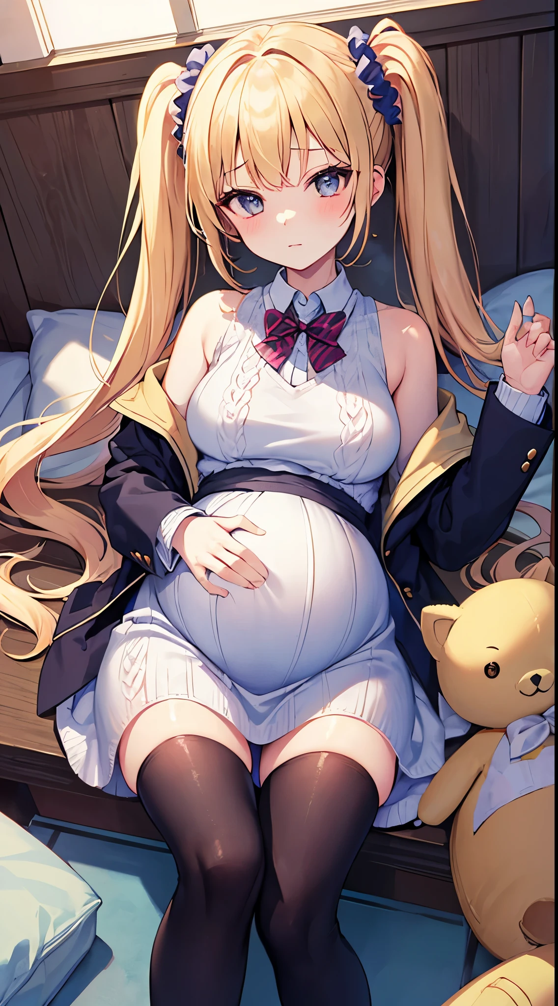 masterpiece, best quality,pregnant  high school1girl、
blonde hair,twintails hairstyle、Scrunchie decoration on hair、Confident face、
(matanity maxi dress,ridge knitting)、school-blazer-jacket、Thighhighs of black 、