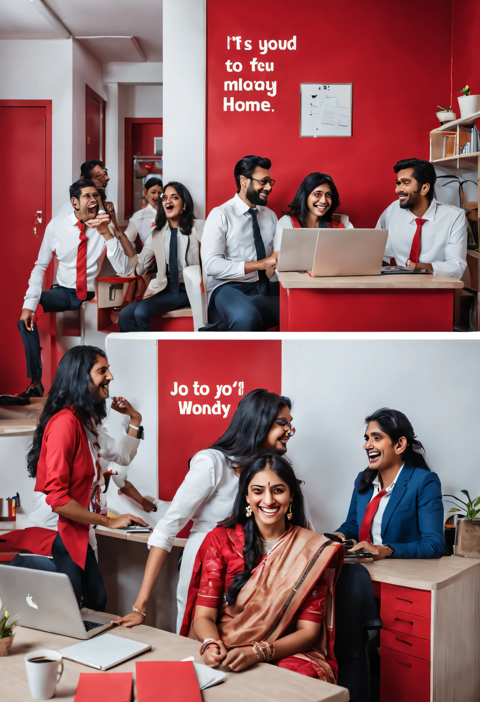 Imagine it's a bright Monday morning at Home Credit, and the office is buzzing with joy and excitement. Male and female indian Employees wearing formals are gathered in the break room, sipping on their favorite coffee with laptops and their diary and sharing hearty laughs. The walls plain and adorned with white and red colour and fun Monday quote is written on the wall. Write a scene that captures the infectious energy of this Fun and Jolly Monday mood at Home Credit, where people are thoroughly enjoying themselves and spreading positivity throughout the workplace.