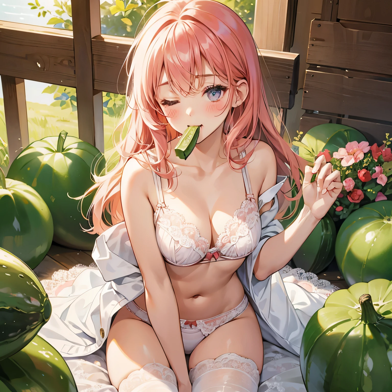 Chewing cucumbers in your mouth、blush、girl、cute、white lace underwear、eyes closed 、white lace bra、cleavage --auto