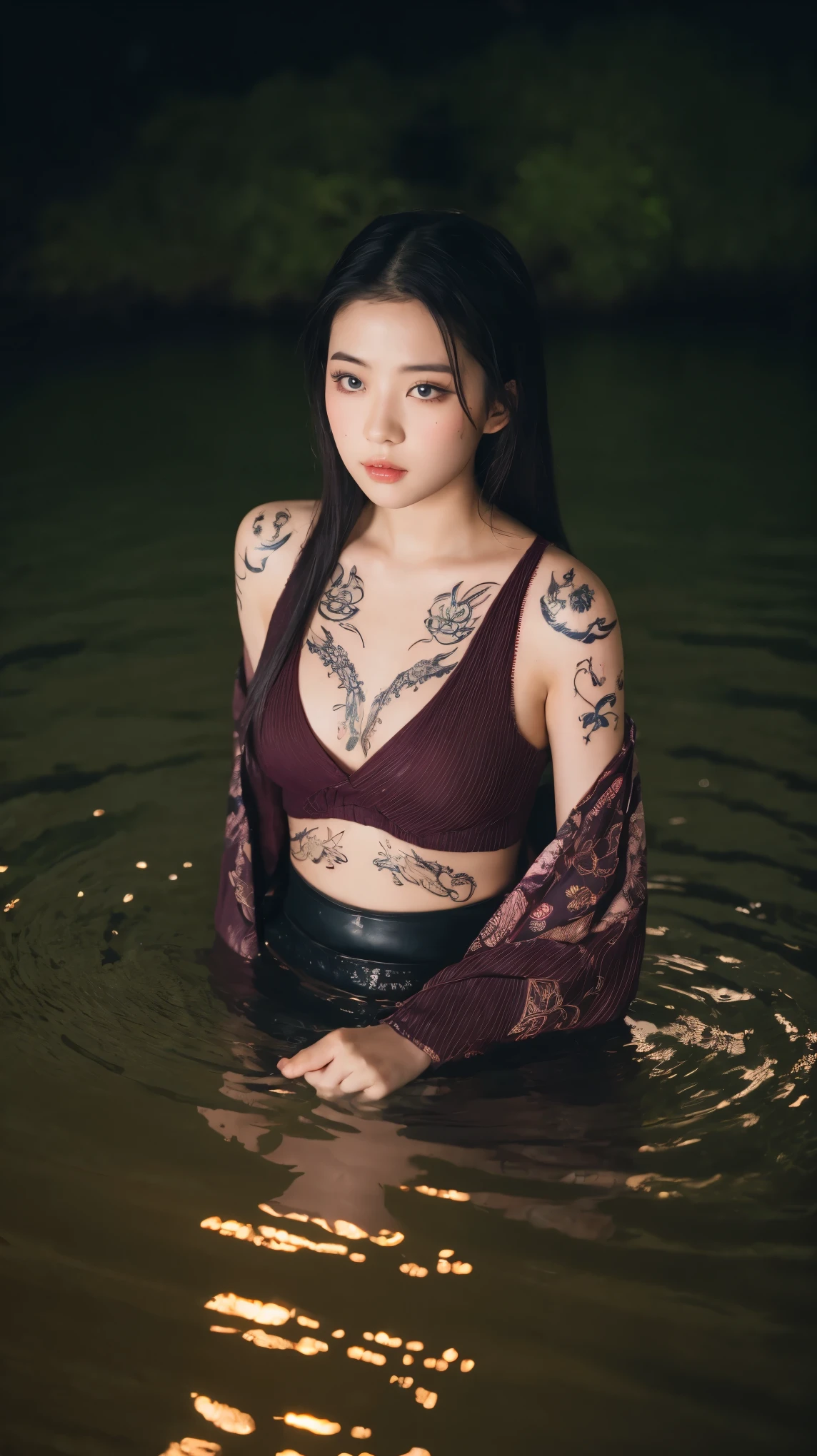 ((Best quality, 8k, Masterpiece :1.3)), Beautiful geisha in kimono.bare shoulders, ((Full Body)),Laying down on a small boat. At the waterfall lake. Night view. Moon decorated. #top-angle shot With dark light_snapshot, photo, high resolution, 4k, 8k, bokeh background)) mix4, 20d_Tattoo face texture. Tattoo Hand. Chest tattoo. Tattoo shoulder.