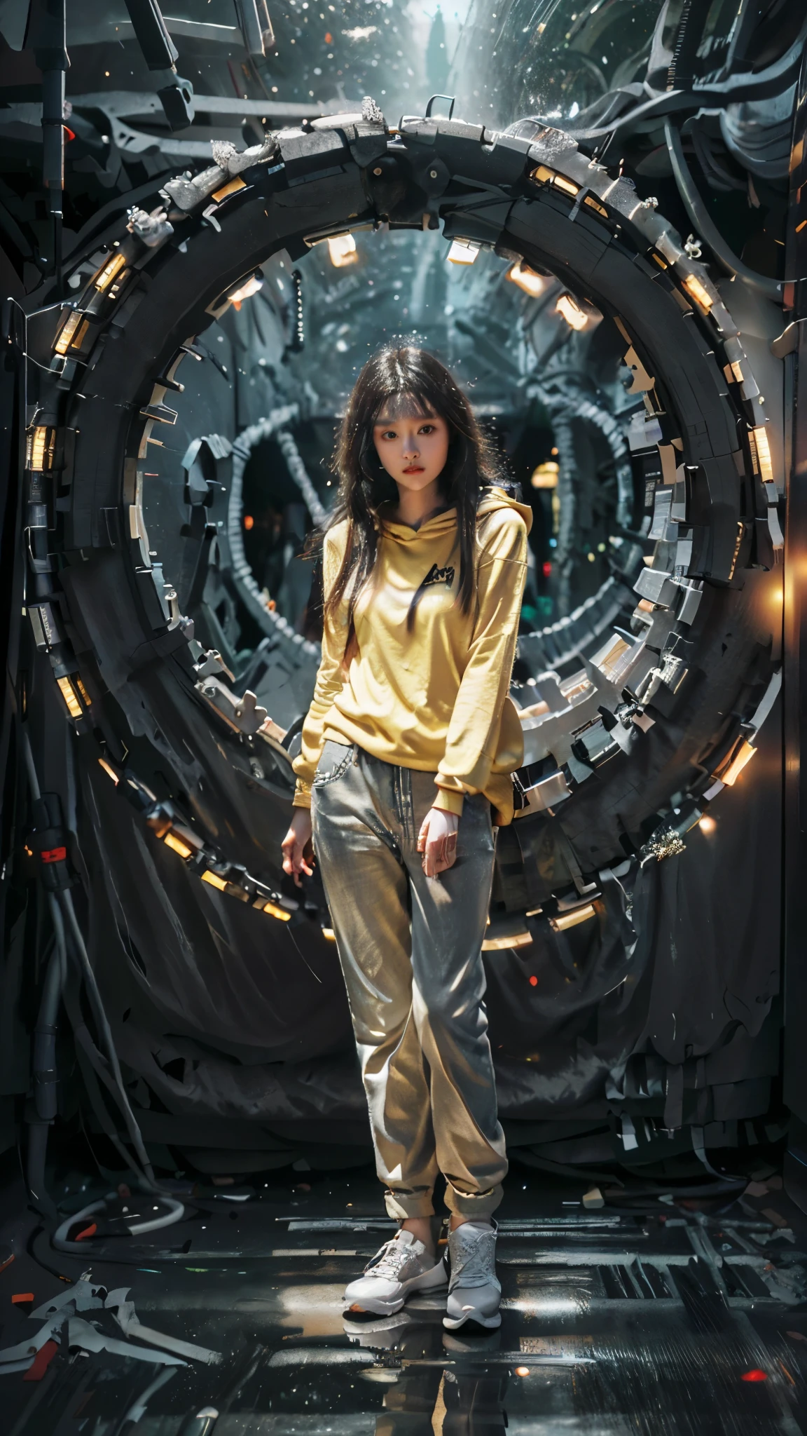 Best quality at best, Top image quality, wallpaper 16k, Raw image, realistic texture masterpiece: 1.9, (((medium long shot))), blur background, image must taken from medium long shot, hyper realistic:5.5, realistic all object texture, (relax pose), relax hand, black gradient white hair, realistic beautiful chinese female, epic dramatic cinematic, Ultra-realistic light, soft lighting, (( perfect female hair masterpiece)), medium long or shorts hair with light black hair, 18-year-old face woman, eye detail masterpiece, pores1.5, realistic skin masterpiece, realistic shadow, slender legs, very slender female physique, yellow jumper hoodie, oversize hoodie, realistic solid cotton wearing masterpiece, realistic solid shoe, 1Girl, tall girl, background 8.5, brunette black hair, Chinese woman, Live the life of Riley, ((long solid cotton trousers)), clear sky:1.3, cyberpunk backpack, sneaker shoe, strong reflection, lighting from side, dramatic side lighting, Background blur, mystical dark japanese steampunk city neon glow light portal: 1.2, light ray realistic masterpiece, warm sun light, warm ray light: 1.2, glow light: 1.2, random light color for the best combination, cinematic grains:1.4, tmasterpiece, masterpiece, ((masterpiece)), (falling glow particle), (taken from below-up perspective shot), image taken from fujifilm xt-3 with Fujinon 50mm lens, appeture f2, shot from below perspective, octan render hyper-realistic power max, Pulitzer Prize for Best Photography, Taylor Wessing Award for Best Photography, Blur the background with a sickle. White smoke foreground and background. Realistic asian female body. Using Photography techniques: Rule of Thirds, Centered Composition and Symmetry, Foreground Interest and Depth, (Frame with the frame), (rule of space), (shot from below), anime tone color, vivid color, vivid glow color masterpiece, reflection:1.5, ultra detail solid trousers, realistic hoodie, super detail of realistic wearing, oval head face, (( strong contrast))