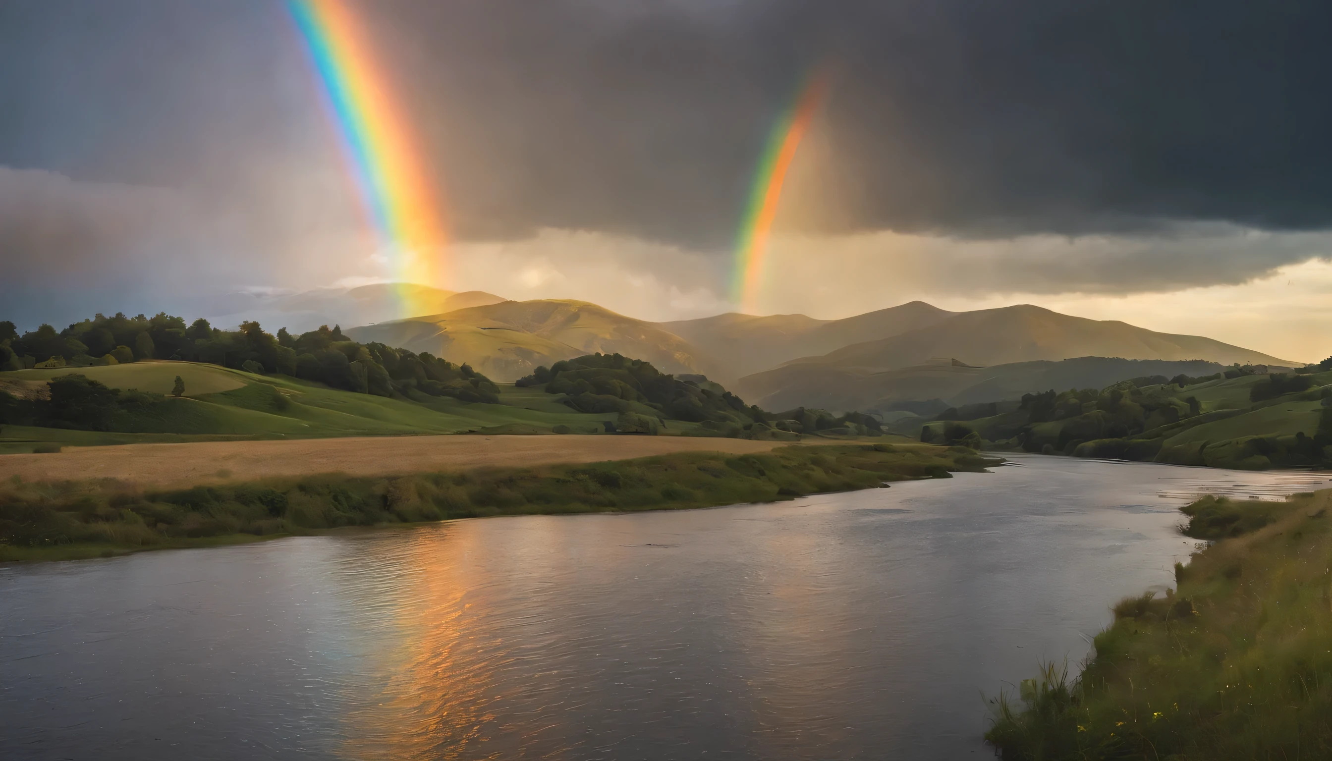 (Highly detailed CG Unity 8K wallpaper、masterpiece、highest quality、Super detailed)、(best lighting、best shadow、very delicate and beautiful)、highest quality、8K、Detailed facial depiction、masterpiece、highest quality、clear image quality、
Landscape photo with a rainbow after the spring rain