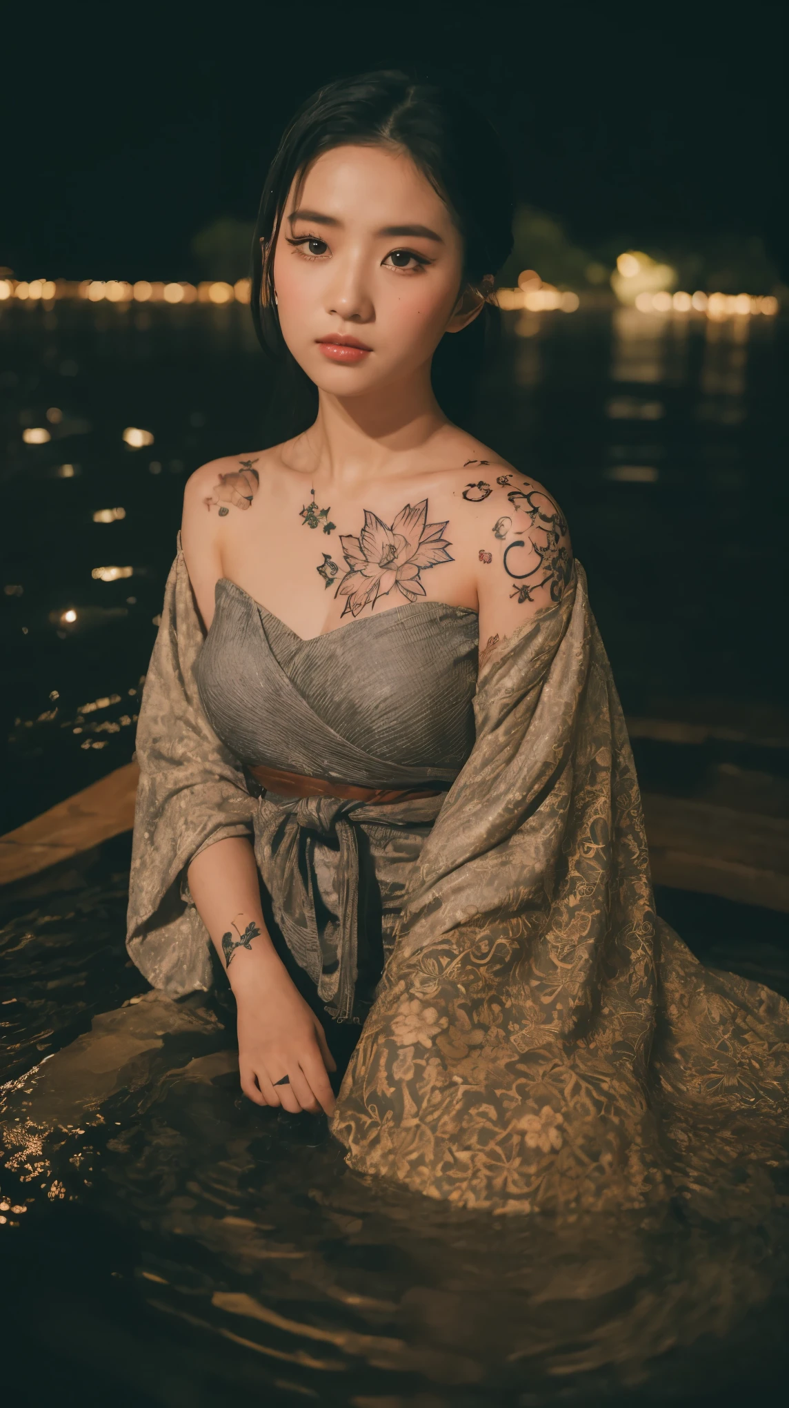 ((Best quality, 8k, Masterpiece :1.3)), Beautiful geisha in kimono.bare shoulders, ((Full Body)),Laying down on a small boat.  At the waterfall lake. Night view. Moon decorated. #top-angle shot With dark light_snapshot, photo, high resolution, 4k, 8k, bokeh background)) mix4, 20d_Tattoo face texture. Tattoo Hand. Chest tattoo. Tattoo shoulder.
