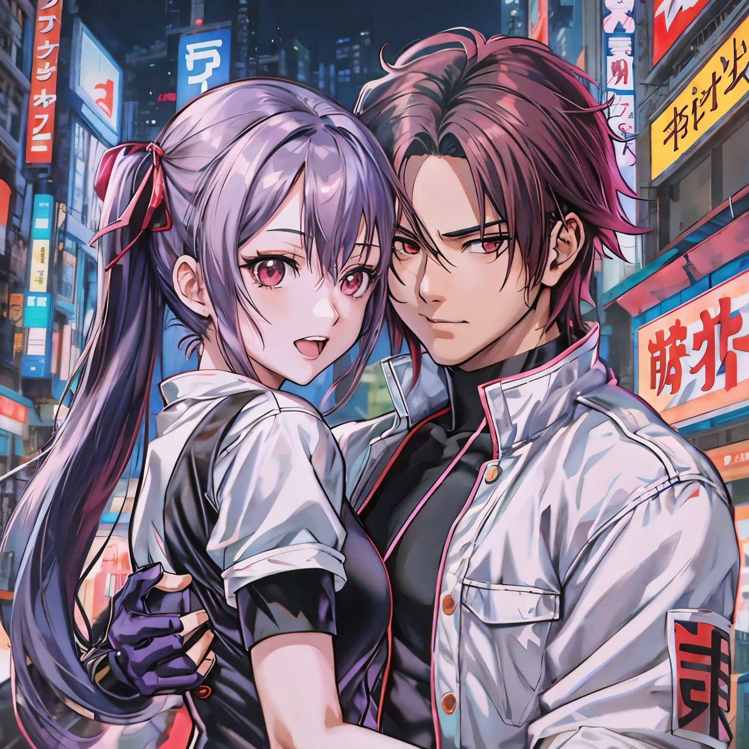 anime couple hugging in the middle of a city street, Estilo Rei dos Lutadores, Sakimichan e Frank Franzzeta, Misato Katsuragi, Arte Promocional, frank franzzeta e sakimichan, personagem do rei dos lutadores, snk, como um personagem em Tekken, anime cyberpunk moderno, Masayoshi Suto e Artgerm