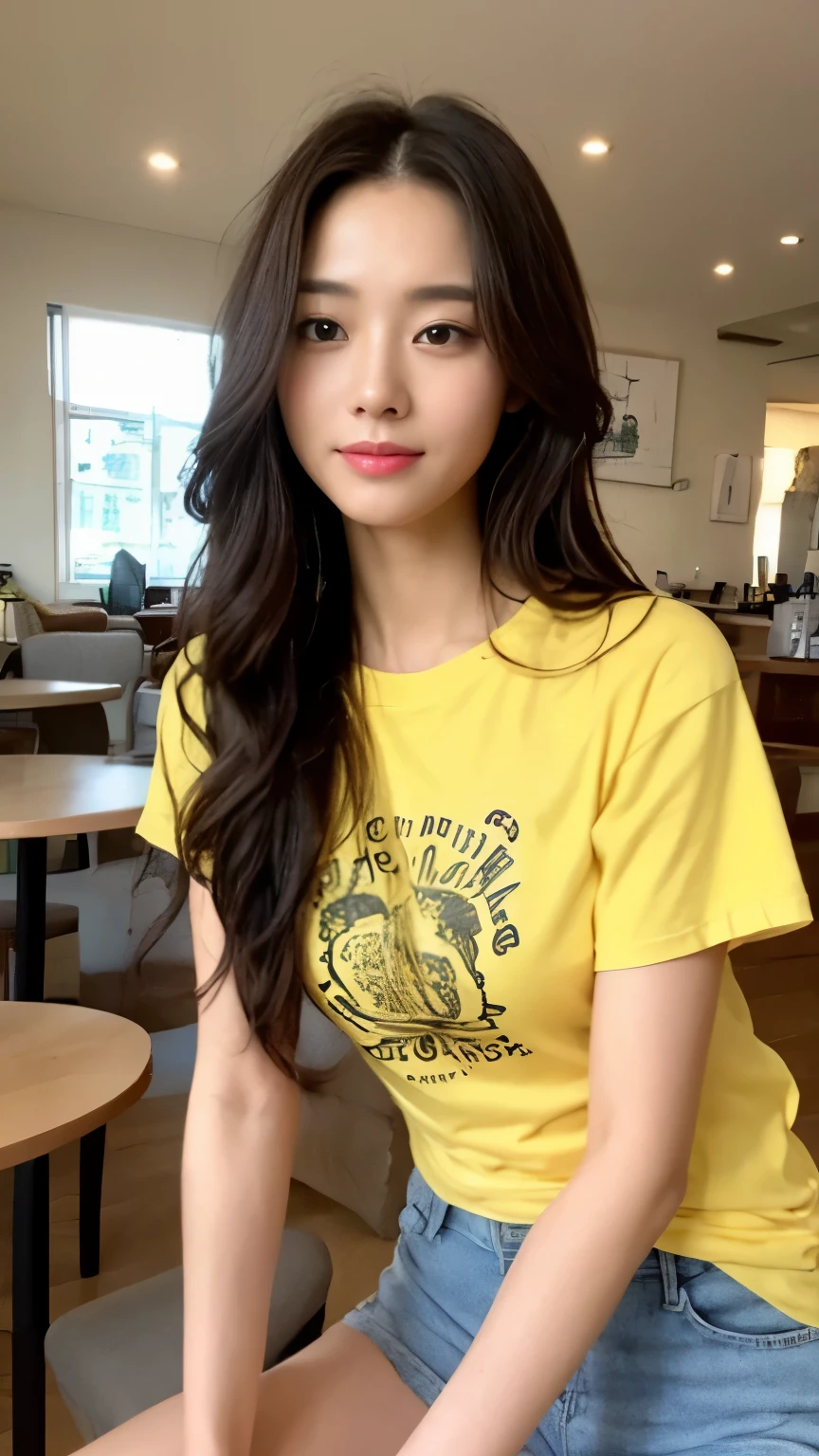 ((top-quality、8k、masterpiece:1.3))、Beautiful woman with perfect body:1.4、slim abdomen:1.2、Longhair, normal breast, Highly detailed facial and skin texture, A detailed eye, delicate eyes, double eyelid, (smile), (full body shot), ((cafe 1.1)), (sitting on chair), (((wearing yellow casual t-shirt))), looking in front