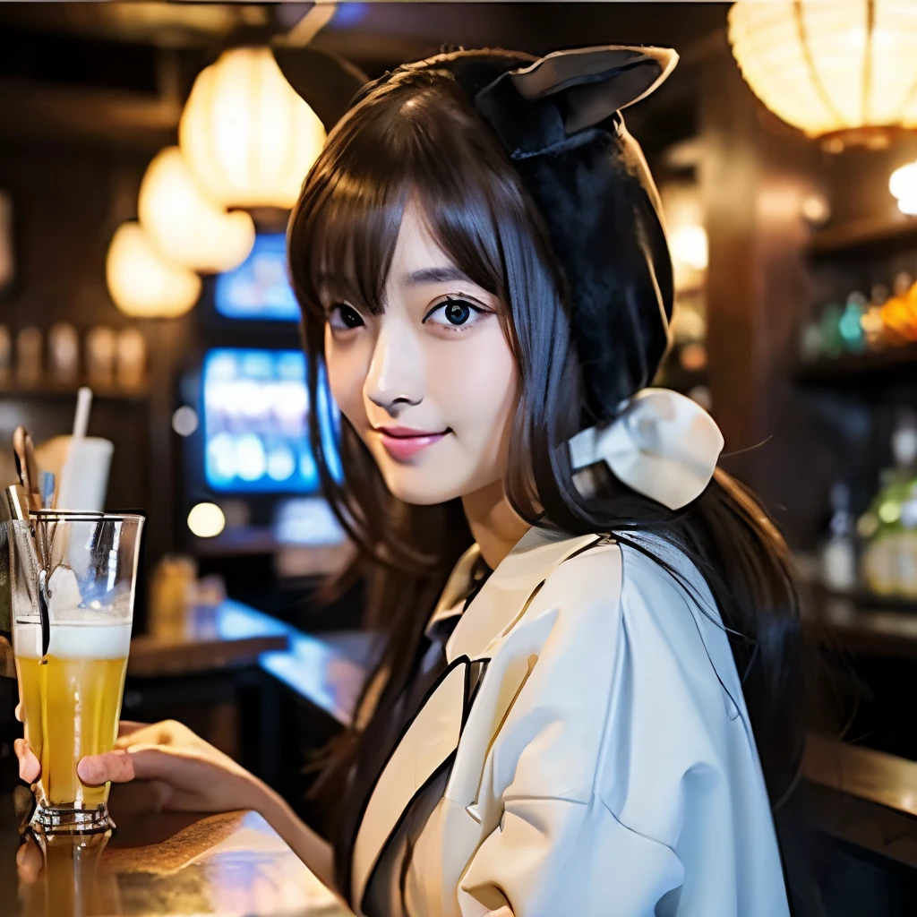 ((muste piece)), ((best quality)), (Super detailed), anime style etc., bar counter, pretty girl, 1 girl, solo, Suit 00, ((beautiful eyes))0, shy smile