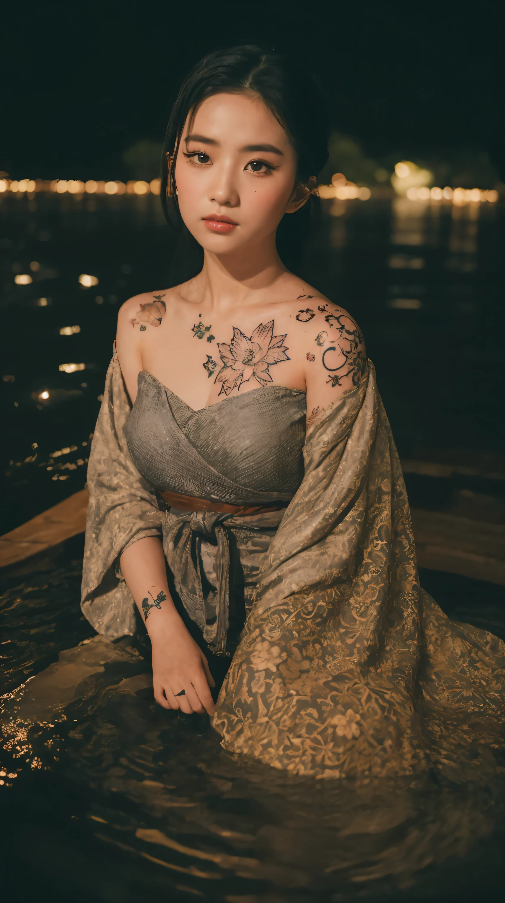 ((Best quality, 8k, Masterpiece :1.3)), Beautiful geisha in kimono.bare shoulders, ((Full Body)),Laying down on a small boat. At the waterfall lake. Night view. Moon decorated. #top-angle shot With dark light_snapshot, photo, high resolution, 4k, 8k, bokeh background)) mix4, 20d_Tattoo face texture. Tattoo Hand. Chest tattoo. Tattoo shoulder.