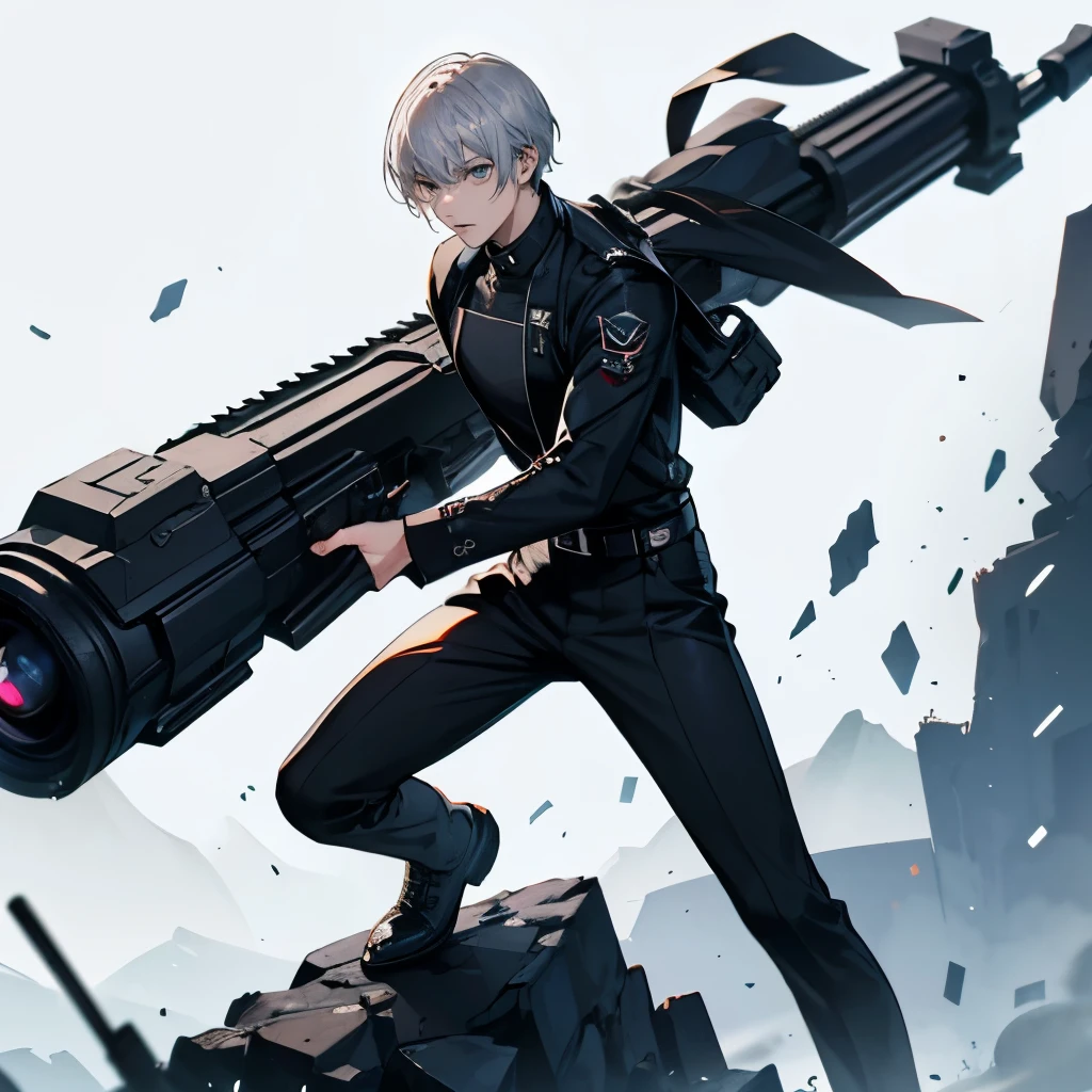 ((masterpiece,highest quality)), 4K, High resolution, youth、male、man、Have a big gun、Pose holding a big gun、alone,whole body、wearing leather shoes、face is front、 sharp eyes、black pants suit、Standing picture、1 person only、つま先も見えているwhole body、Uplifting、whole body、hostile、movement to attack、slender、jumping sideways、silver hair、short hair、boy、There is no femininity、manly