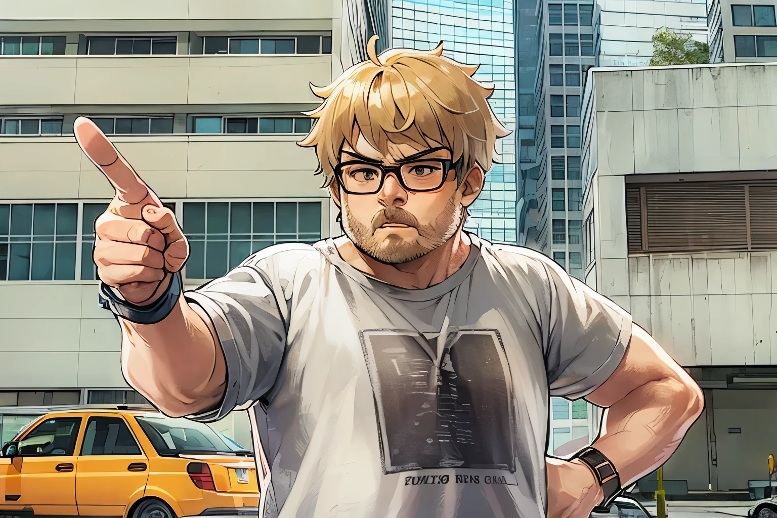 20 year old fat man with black tabby glasses、angry pointing finger、The background is the building street outside