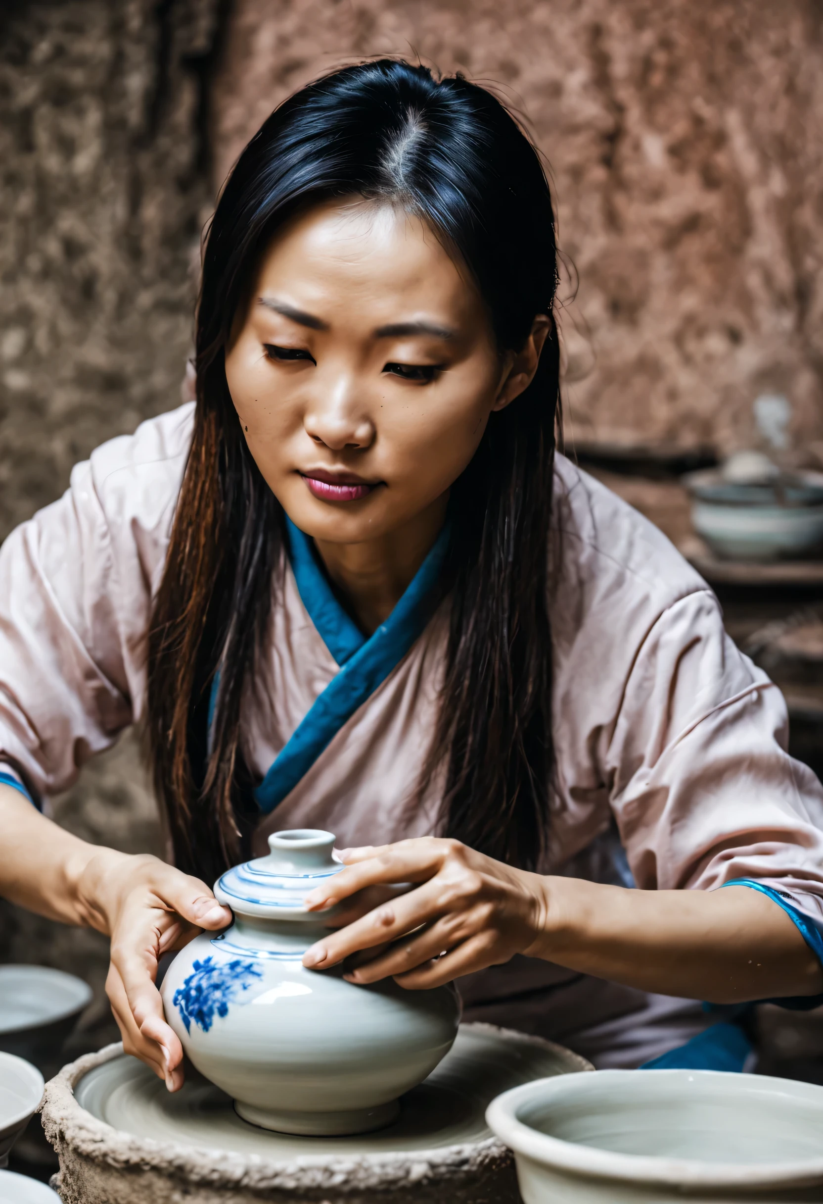 Chinese beautiful woman，making porcelain，In rural China，clay
