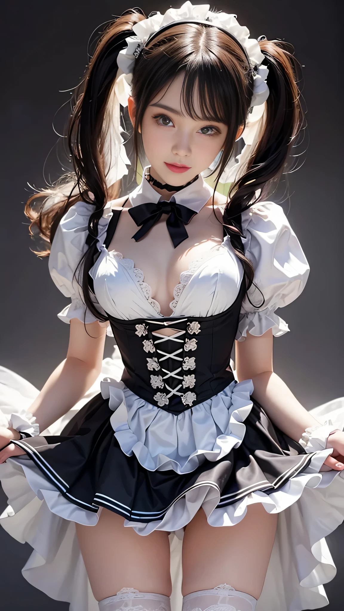 (Close-up:1.4)、(RAW shooting:1.2)、(photorealistic:1.4)、(masterpiece:1.3)、(highest quality:1.4)、solo、7 head and body、(slender and beautiful girl)、cute、(beautiful detailed eyes)、(charming big eyes)、(beautiful double eyelids)、(beautiful and detailed face)、(gentle smile:1.2)、(big breasts:1.2)、(cleavage)、(erect nipples:1.2)、(full body shot)、8K、(muste piece:1.2)、(twin tails:1.3)、(Bangs Patsun)、(headdress、white blouse、black ribbon、ruffle skirt、puff sleeves、collar、choker、white apron with fine frills:1.3)、White Knee High Socks、black maid costume、(Sexy model pose with chest sticking out:1.3)、cowboy shot、view audience、(small butt)、(hide your hands)、(beautiful thighs)、cute系、(perfect anatomy:1.2)、ancient city、