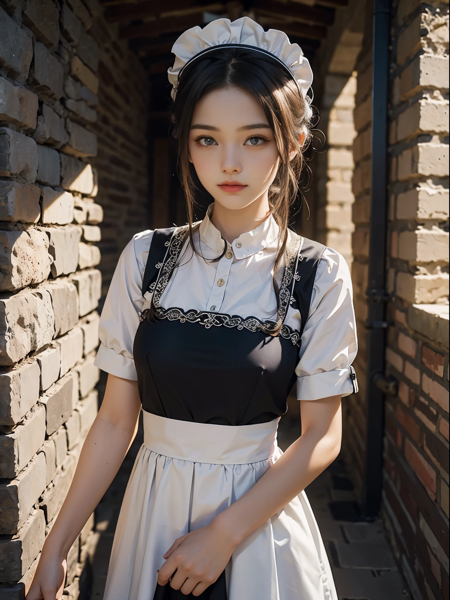 8k, ultra high resolution, best quality, masterpiece, Surreal, photo, 1 girl, (16 years old: 1.3), pretty girl, cute face, beautiful details, (maid uniform: 1.5), ((shining eyes)) in the basement,stone wall, cobblestones,