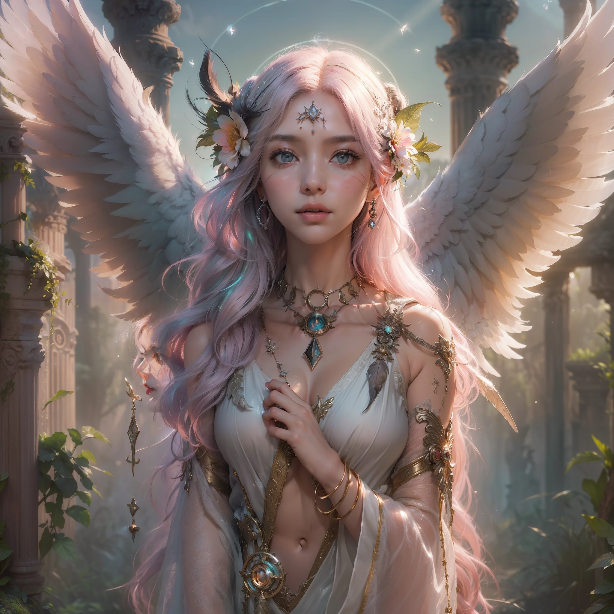((too much skin: 1.8)), (award-winning masterpiece galore, incredibly detailed, textured and maximally detailed), (hyper realistic: 1.4), (realistic: 1.3), (top quality realistic textured skin), (dense perfect circles, symmetrically(beautifully rendered eyes), (angelic light divine radiance circle overhead: 1.8), ((medieval world)), (black angel of the lord: 1.6), (full body standing image: 1.8), (beautiful gentle eyes), (love the beautiful color eyes), (magnificent cloud mass and sky), (halo optical phenomenon: 1.3), (dramatic light), (magnificent view), (very beautiful expression of serenity and tenderness), ((big old wings with pitch black feathers behind her shoulders)), flower earrings in her ears, (((dramatic photo))), (twilight), (sunset), (dusk), ((sacred pose)), (silver hair),(pink hair)、(chestnut hair), flower field, (elaborate necklace around her neck), old ruins infested with plants, great temple, cathedral, ruins of a temple, temple away from temple, (glowing magic circle), ruins of an ancient castle, deserted ruins, crumbling ruins, ancient ruins with clear water, holy light, epic realistic, ((Neutral Color )), (HDR:1.5), (Subdued Color:1.2), Highly Detailed, Cinematic, Warm Light, Dramatic Light, (Complex Detail:1.1), Complex Background, Petals, Pastel Color,