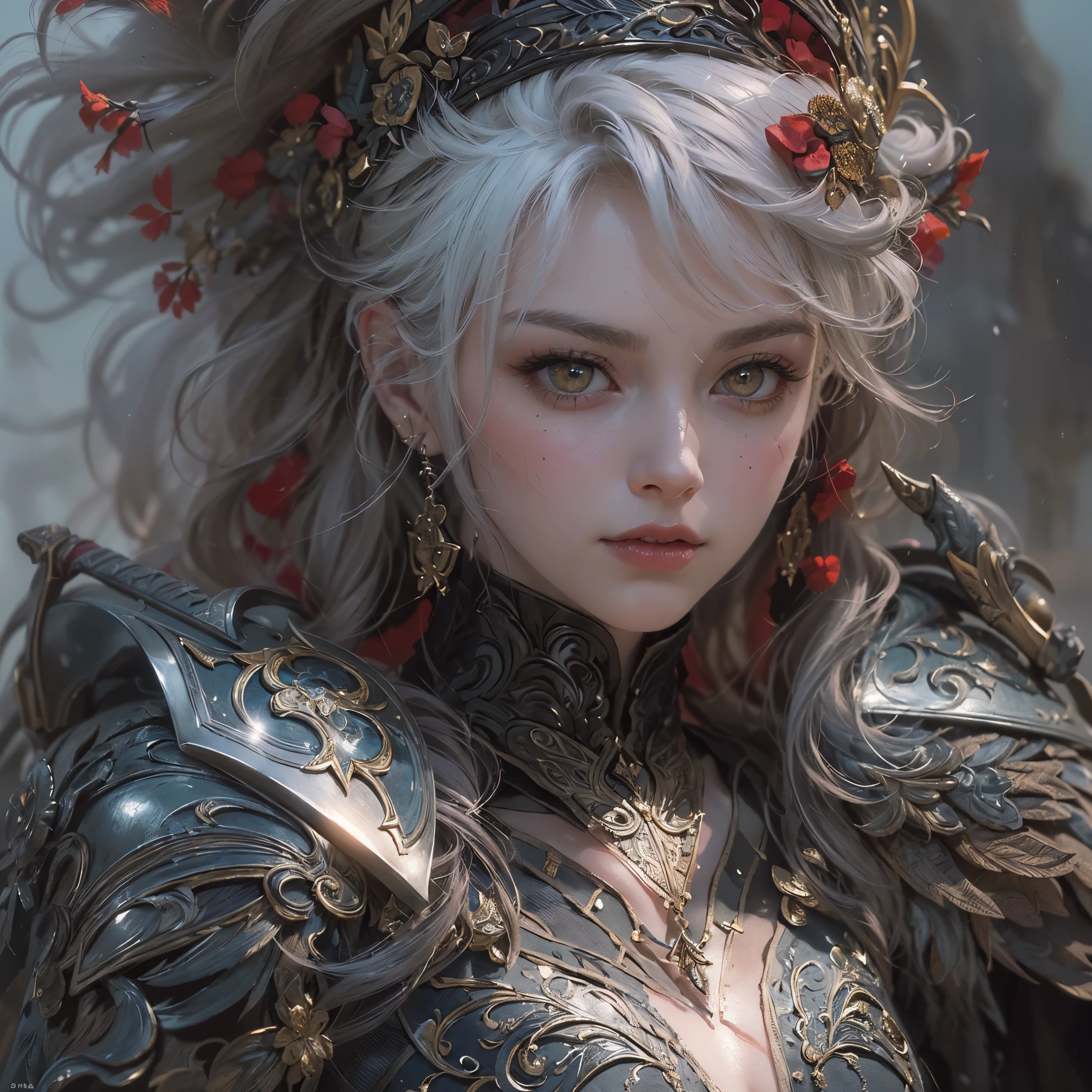 (Numerous award-winning masterpieces, with incredible detail, textures and maximum detail), (hyper realistic:1.4), (realistic:1.3), (upper body up:0.3), (best quality real texture skin), (full-body standing image:1.8), (Aesthetic and decadent image: 1.7), ((five perfect and beautiful fingers)), (Pale but beautiful face:1.8), (fine circular glowing red eyes: 1.2), (finely detailed true circle eyes), (finely Detailed and beautiful face:1.8), ((medieval world)), (Holds the hilt of a straight long sword with elaborate decoration that gives off a mysterious shine: 1.9), (Veteran jet-black dhampir swordsman), (sword that emits a mysterious light with delicate decorations:1.9), in the dungeon, (dark black full-body armor with delicate ornamentation), (The armor is scarred but delicately decorated:1.5), (wearing a wide-brimmed traveler's hat), (Full-length portrait:1.8), ((looks up)), ((looking down)), (dramatic pose), beautiful blue hair, beautiful silver hair, beautiful blonde hair ,black web robe, spiders on armor, (wears worn and tattered black leather pants), (Full length portrait:1.8), (Delicately decorated Costume:1.4), fantasy, ((dramatic photo)), ((dynamic photo)), full body view, highly detailed, ultra-realistic, intricate details, painting (artwork), ((masterpiece,best quality)), ((cinematic light)), hyper realistic, fearsome, dark fantasy , detailed armor, detailed helmet, epic realistic, faded, ((neutral colors)), art, (hdr:1.5), (muted colors:1.2), hyper detailed, (art station:1.5), cinematic, warm lights, light effect, dramatic light, (intricate details:1.1), complex background, (Greg rutkowski:0.8), (teal and orange:0.4), (Swirling flames), (Swirling lightning), (swirling ice and snow), Old ruins infested with plants, Ruins of an old castle, Ruins of an ancient castle, Abandoned mine, Deserted ruins, crumbling ruins, Ruins with clear puddles, twilight, sunset, dusk, Battlefield, bio luminescence,