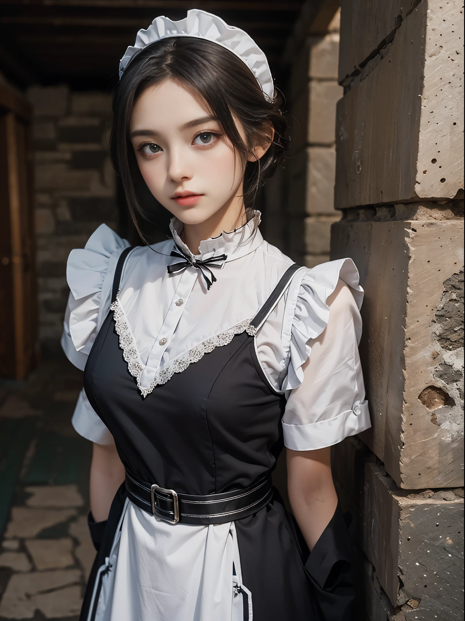 8k, ultra high resolution, best quality, masterpiece, Surreal, photo, 1 girl, (16 years old: 1.3), pretty girl, cute face, beautiful details, (maid uniform: 1.5), ((shining eyes)) in the basement,stone wall, cobblestones,