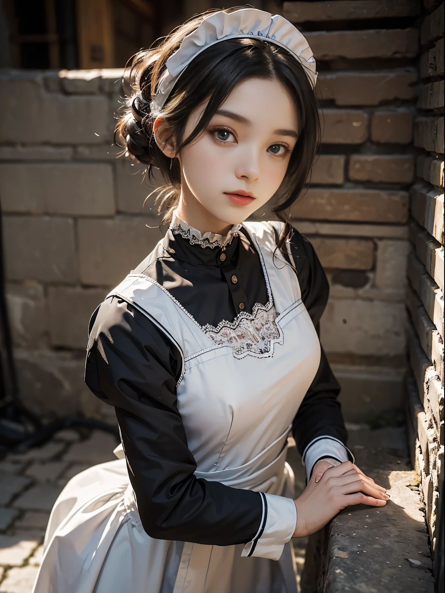 8k, ultra high resolution, best quality, masterpiece, Surreal, photo, 1 girl, (: 1.3), pretty girl, cute face, beautiful details, (maid uniform: 1.5), ((shining eyes)) in the basement,stone wall, cobblestones,