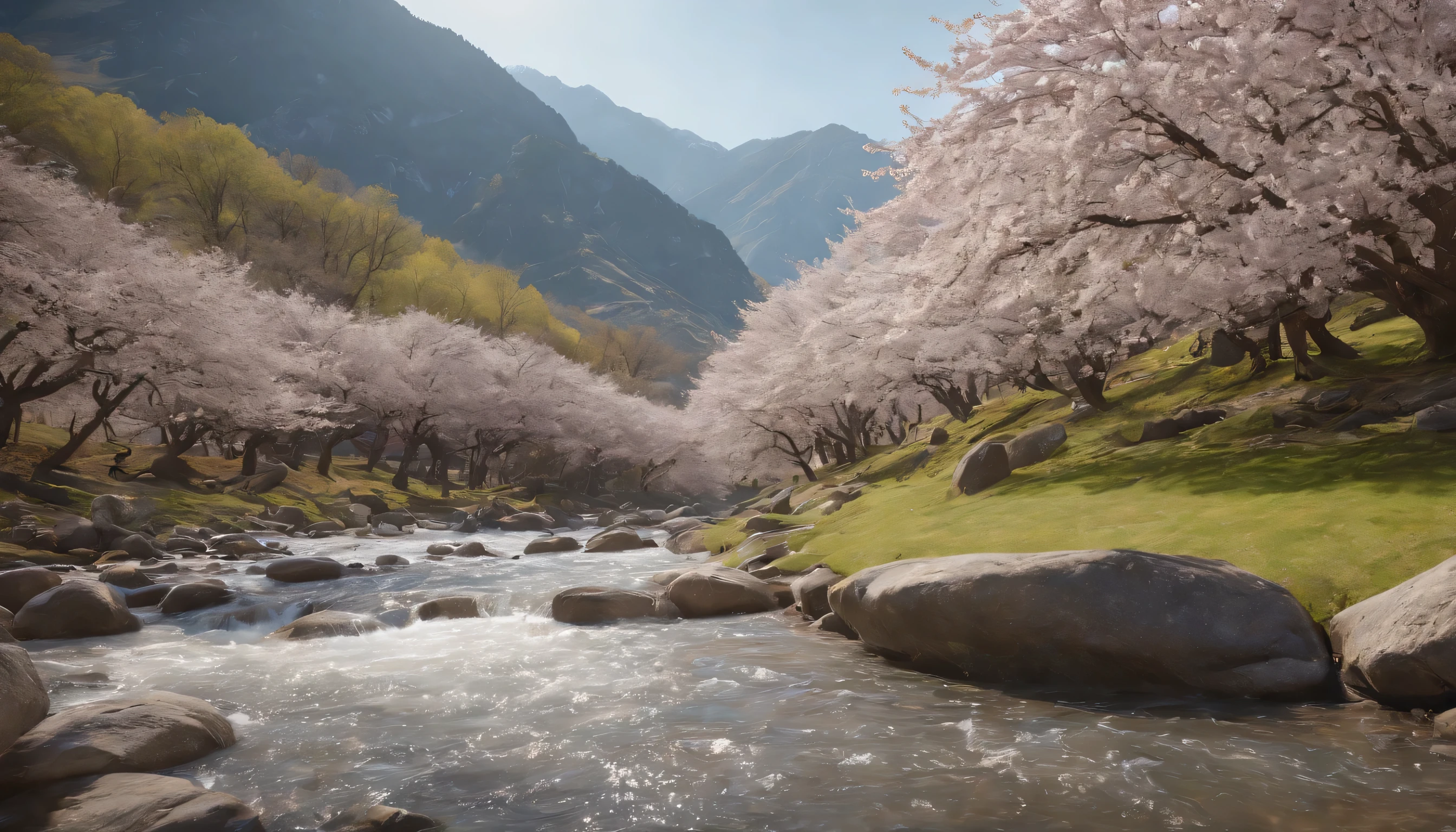 (Highly detailed CG Unity 8K wallpaper、masterpiece、highest quality、Super detailed)、(best lighting、best shadow、very delicate and beautiful)、highest quality、8K、Detailed facial depiction、masterpiece、highest quality、clear image quality、
Take photos of the cherry blossoms blooming on the mountainside in spring and the river flowing with melting snow.