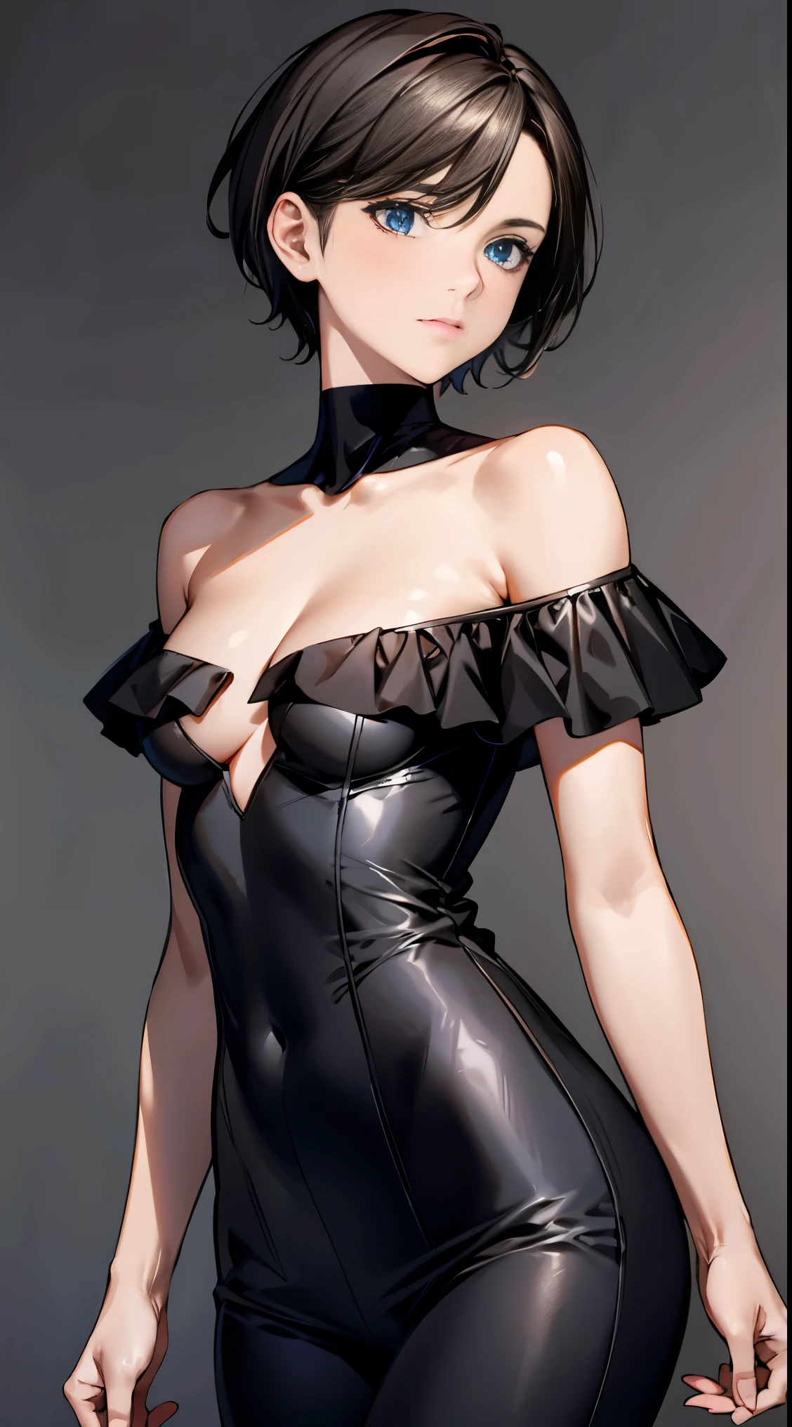 Skin Tight Black Top:1.2, looking at the viewer, cinematic lighting, perfection, soft light, high resolution skins:1.2, realistic skin texture, 30 year old mature woman、small face、No makeup、, off shoulder,Bust B Cup、small breasts、 exposed cleavage, blue eyes, short hair, dark brown hair、full nude、gray background、