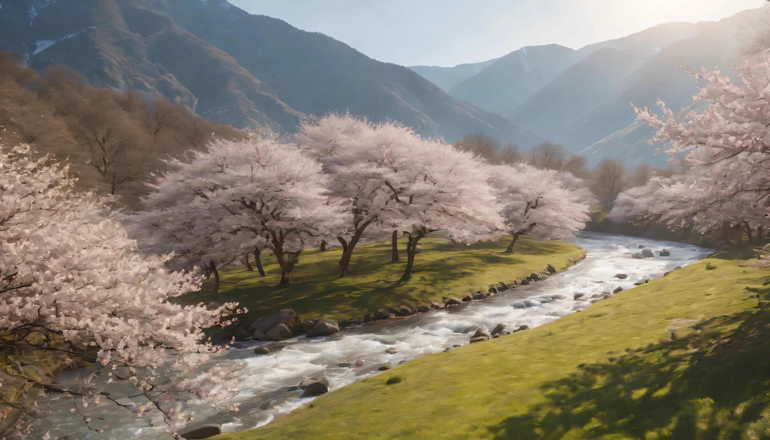 (Highly detailed CG Unity 8K wallpaper、masterpiece、highest quality、Super detailed)、(best lighting、best shadow、very delicate and beautiful)、highest quality、8K、Detailed facial depiction、masterpiece、highest quality、clear image quality、
Take photos of the cherry blossoms blooming on the mountainside in spring and the river flowing with melting snow.