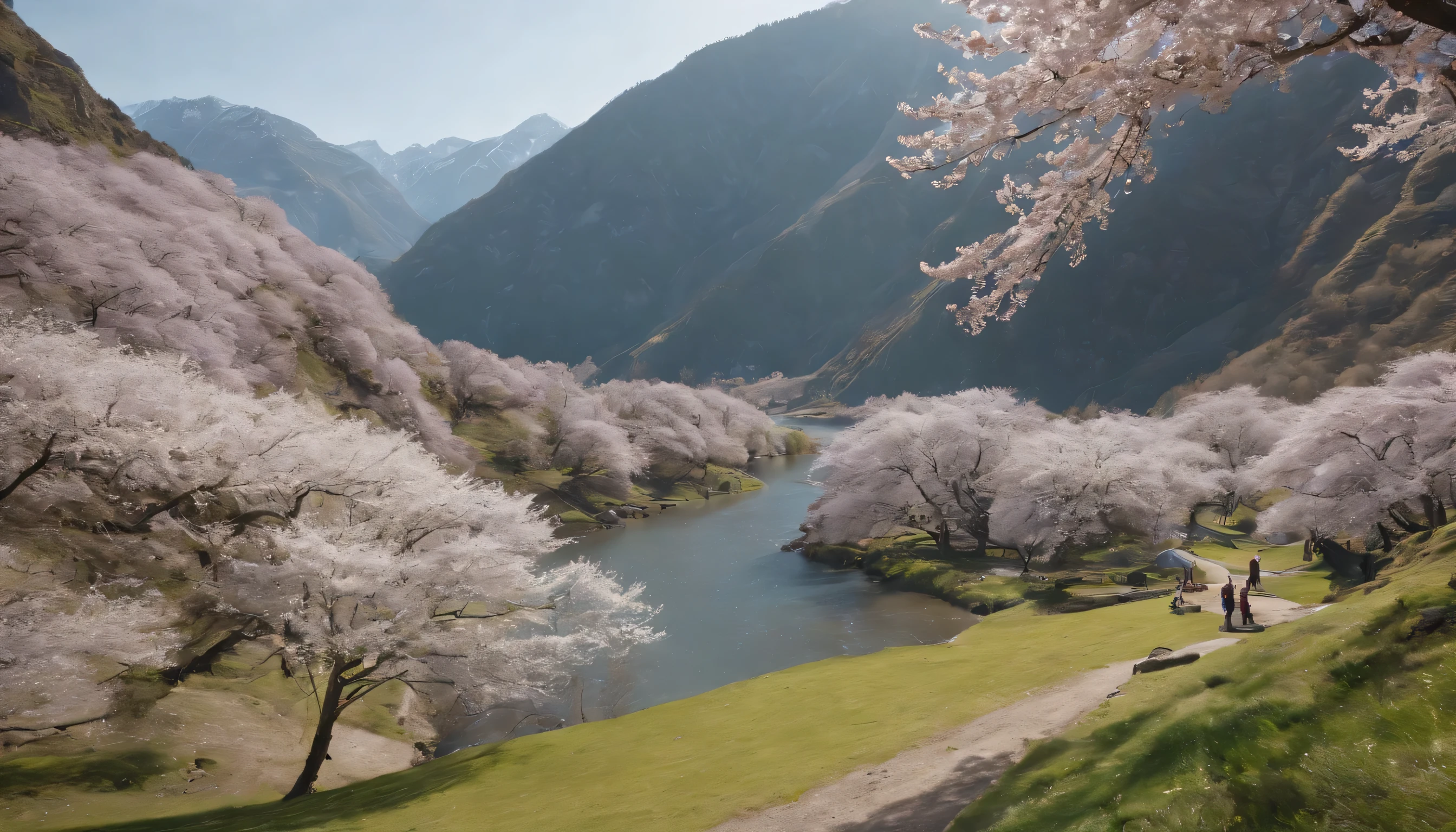 (Highly detailed CG Unity 8K wallpaper、masterpiece、highest quality、Super detailed)、(best lighting、best shadow、very delicate and beautiful)、highest quality、8K、Detailed facial depiction、masterpiece、highest quality、clear image quality、
Take photos of the cherry blossoms blooming on the mountainside in spring and the river flowing with melting snow.