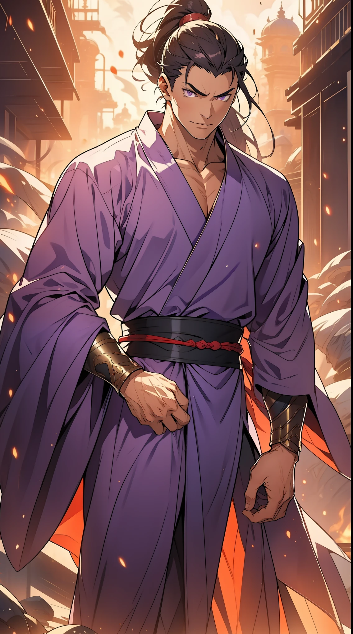 Two dimensions,anime style,one person(male warrior),proportions are correct,facial details,swordsman,high ponytail hairstyle,neck detail,Have an Adam's apple,Purple robe,joke,purple robe,clothing details,Hand over,long sleeves,Game quality,fencing,Ray tracing,Ray tracing,Detailed glow,CG rendering,hair details,long purple hair,purple eyes,Handsome,Handsome,(Youthful feeling),Clothing is complicated,Perfect composition,refine,high quality,higher details,many details,Complex background,a sense of atmosphere,