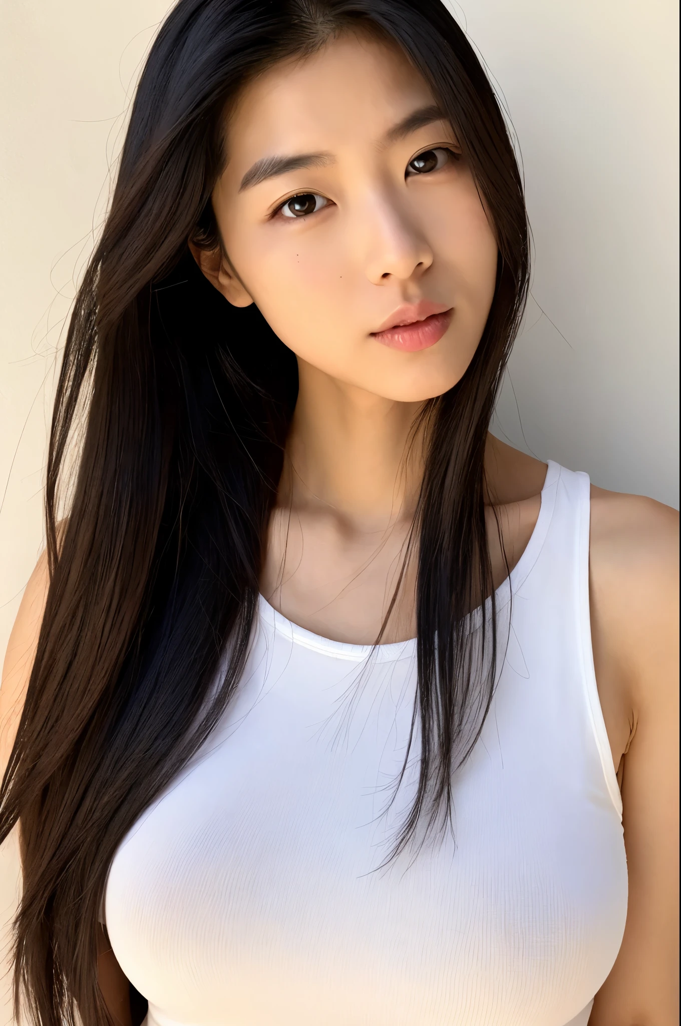 1 girl, Skinny Japanese lady, 30 years old, beautiful lips, detailed face, white tank-top, cowboy shot,