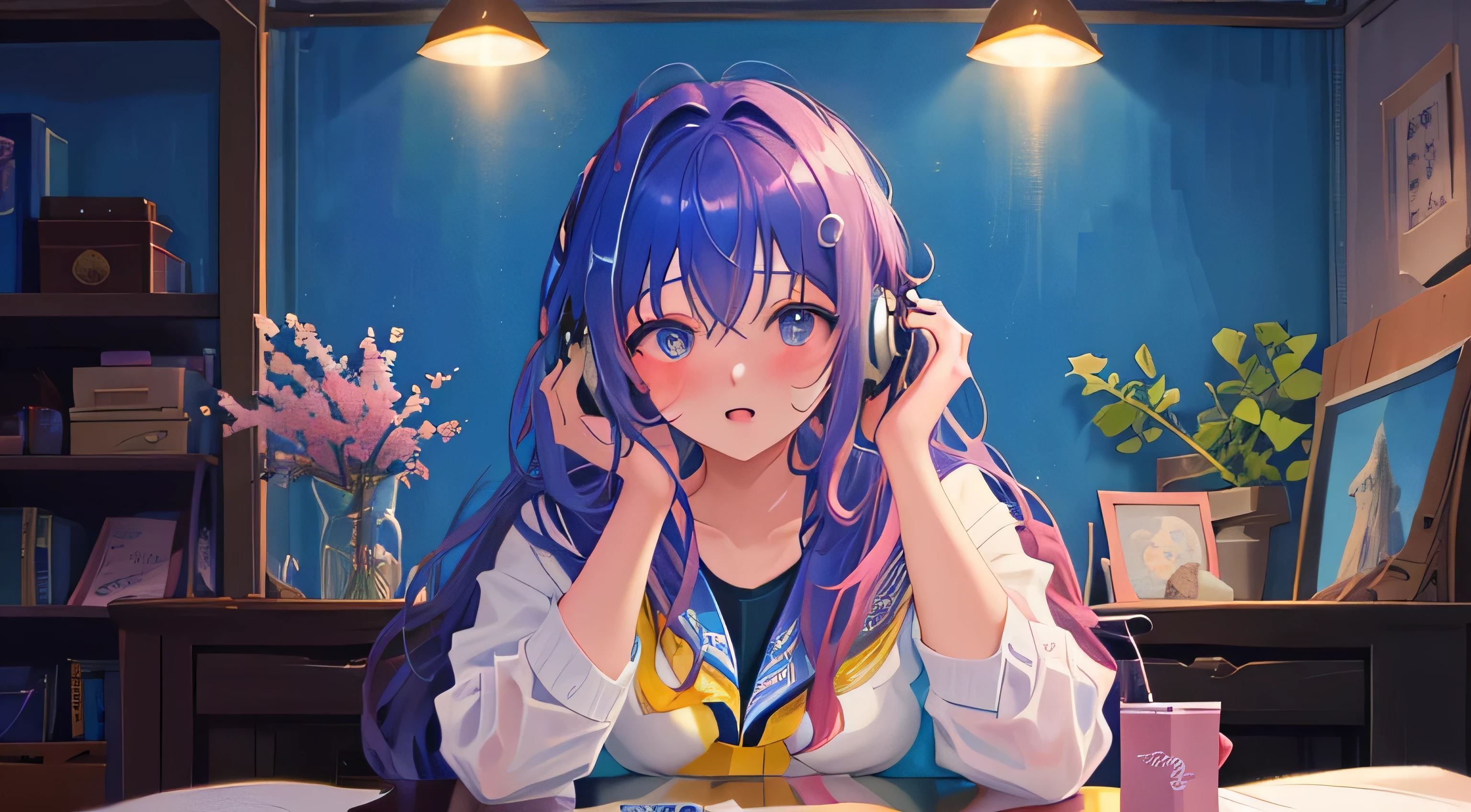 Anime girl listening to music while sitting on the bed, lob girl, lob artstyle, Nightcore, anime atmosphere, lob art, lob portrait, lob girl aesthetic, anime aesthetics, lob vibes, lob feel, lob vibe, anime style 4k, 80年代のanime atmosphere, lob colors, lob, lob aesthetic