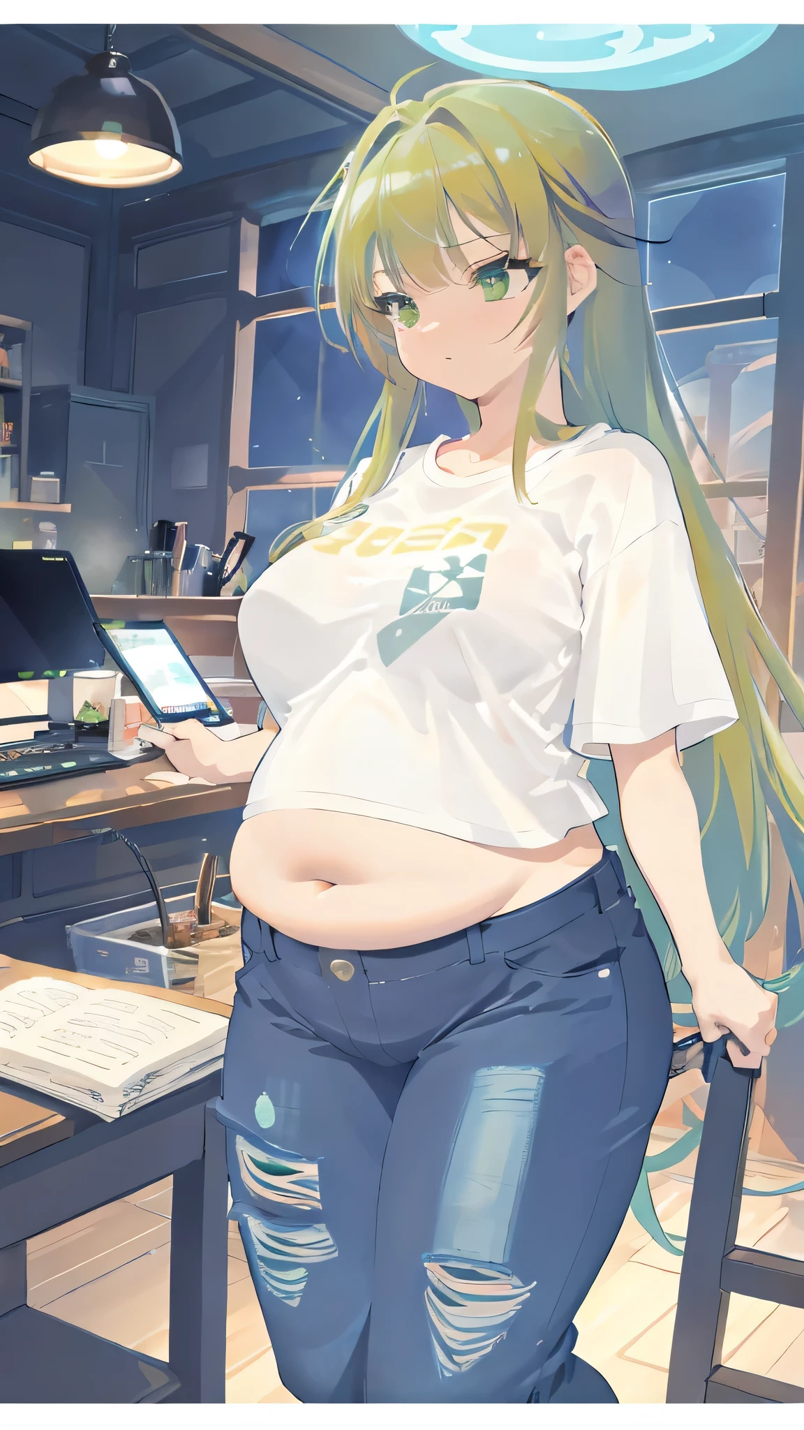 vast landscape photography , (View below, It shows the sky above and the fields below.), seen from afar, floor, a chair에 앉아 위를 올려다보는 소녀,a chair, (big ass, thick thighs:0.7), (Many computers, table:1.2), (table:0.9) , Wood Break Production Art, (warm light source:1.2), (Cafe Background:1.3), intricate details, volumetric lighting, Realism BREAK(masterpiece:1.2), (top quality), 4K, ultra detail, (Dynamic configuration:1.4), Highly detailed and colorful details,(Rainbow colors:1.2), (shining lights, atmospheric lighting), dreamy, magical, (alone:1.2), intricate details, (fat, Belly Fat:1.5),1 belly button, cheeky expression, Sagging middle breasts, (green eyes:1.3), (Green long hair:1.5), (Hikikomori, jeans, white t shirt,:1.5),