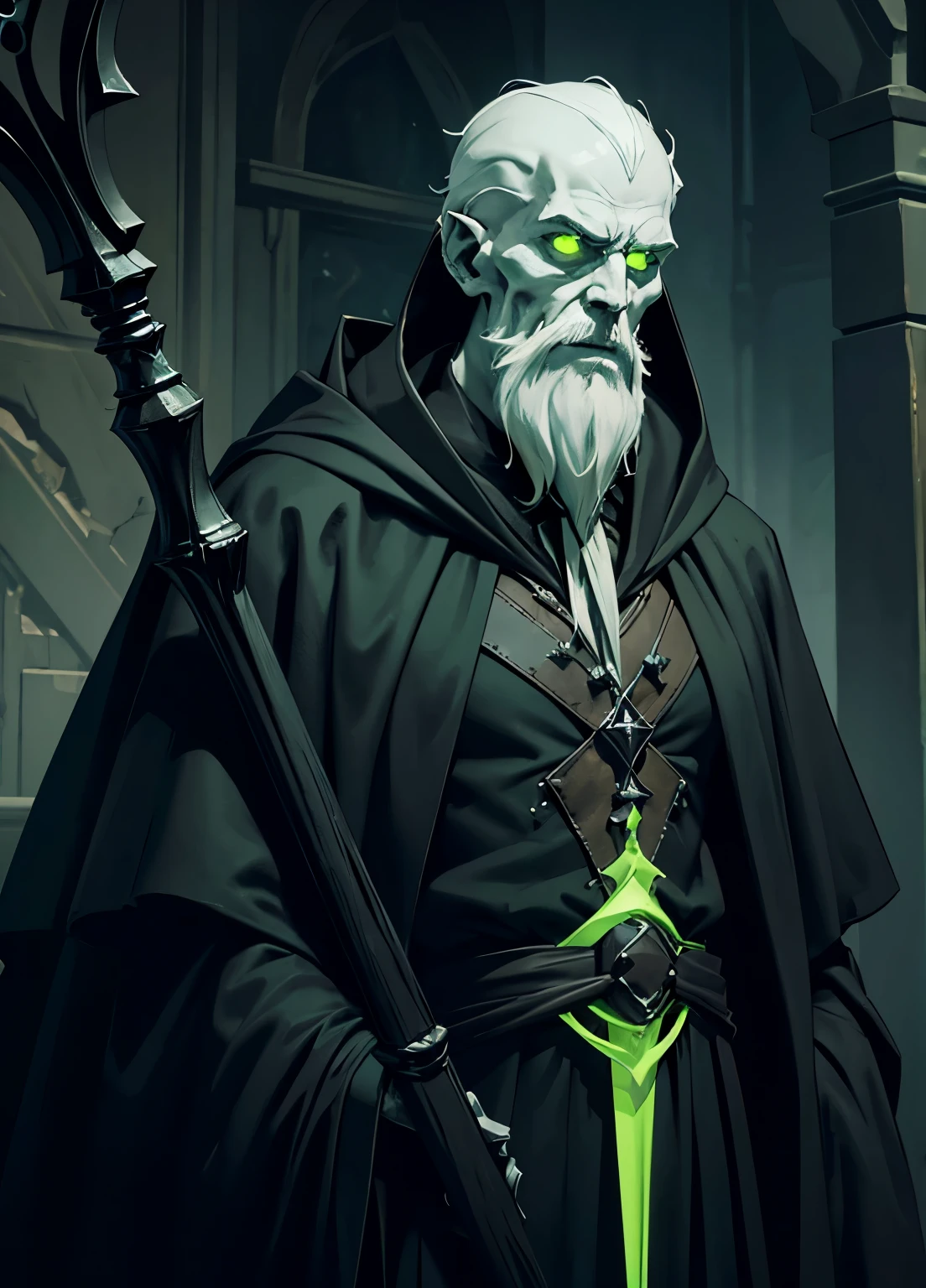 Necromancer, male, solo, pale skin, ((thin)), green glow eyes, ((tattered robes)), black robes, hood, skeletal staff, human, ((old man)), beard, ((masterpiece, best quality)), cinematic lighting, high details, 16k, highres, textured skin, super detail