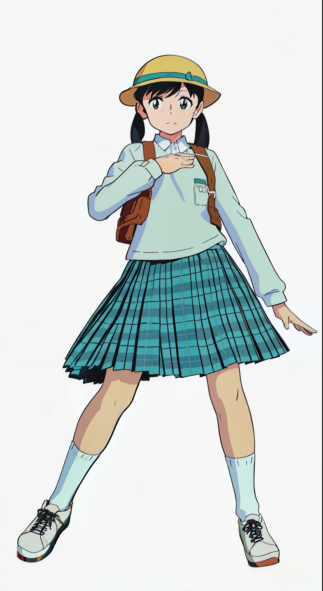 (white background:1.0), (best quality:1.0), (masterpiece:1.0), (super fine illustration:1.0), (beautiful artwork:1.0), (anime screencap:1.0), (official art:1.0), (full body:1.0), (solo:1.0), (ESGA:1.0), (a 12yo cute girl:1.0), (yellow hat:1.0), (red backpack:1.0), (long skirt:1.0), (green tartan skirt:1.0), (pleated skirt:1.0), (aqua blue polo shirt:1.0), (long sleeve polo shirt:1.0), (sneakers:1.0), (white socks:1.0), (ideal ratio body proportions:1.0), (lanky:1.0), (tall:1.0), (slender:1.0), (small breasts:1.0), (smaller face:1.0), (tareme:1.0), (detailed beautiful eyes:1.0), (detailed beautiful face:1.0), (glowing black eyes:1.0), (short hair:1.0), (low twintails:1.0), (black hair:1.0), (standing:1.0), (looking at viewer:1.0)
