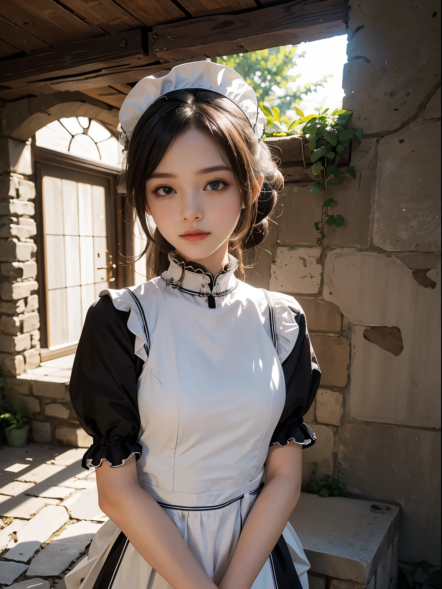 8k, ultra high resolution, best quality, masterpiece, Surreal, photo, 1 girl, (: 1.3), pretty girl, cute face, beautiful details, (maid uniform: 1.5), ((shining eyes)) in the basement,stone wall, cobblestones,