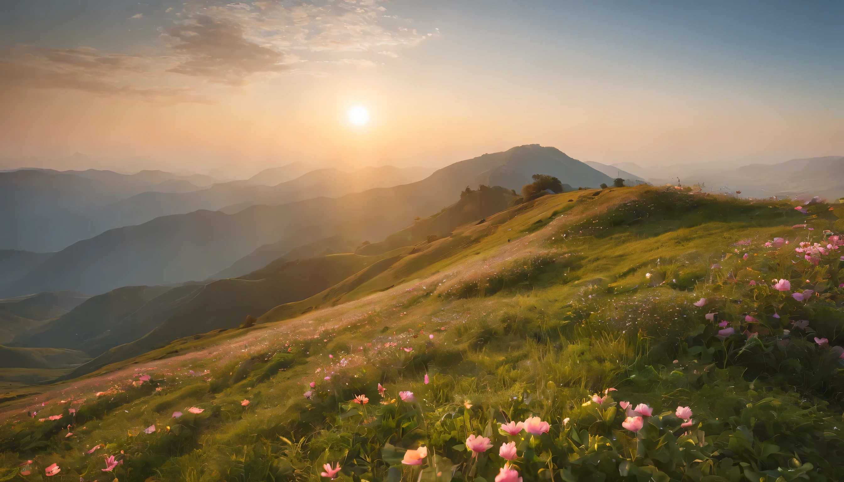(Highly detailed CG Unity 8K wallpaper、masterpiece、highest quality、Super detailed)、(best lighting、best shadow、very delicate and beautiful)、highest quality、8K、Detailed facial depiction、masterpiece、highest quality、clear image quality、
In spring, take pictures of the beautiful sunrise from the mountaintop.