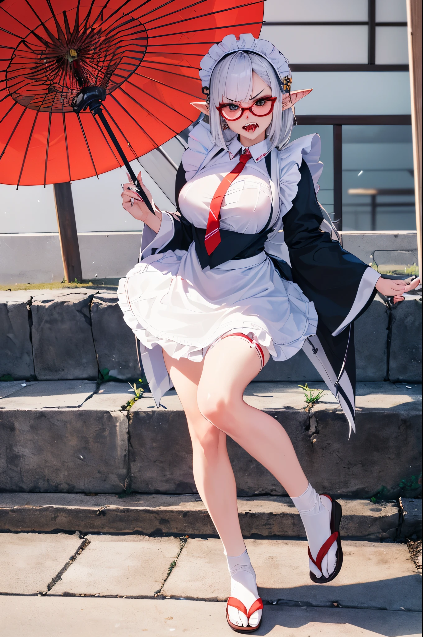 (masterpiece, absurdres, best quality:1.2), solo, 1girl, portrait, precise, (full body:1.35), finely detail, depth of field, shine, highres, original, perfect lighting, cute face, detailed face, proportional hands, correct hands and arms, colorful, centered, (wearing the japanese maid uniform, white shirt, red tie:1.5), (a painfull pose, sunny weather:1.35), (a discontented face, angry face, a burning body, a smoldering body:1.5), (sun umbrella), (black long braided hair, haircut, ring earrings, red lipstick), vampire mistress, (pointy ears, pointy teeth, Sharp fangs, vampire teeth:1.35), blunt bangs, (breasts), (glasses, sunglasses, round tinted glasses)