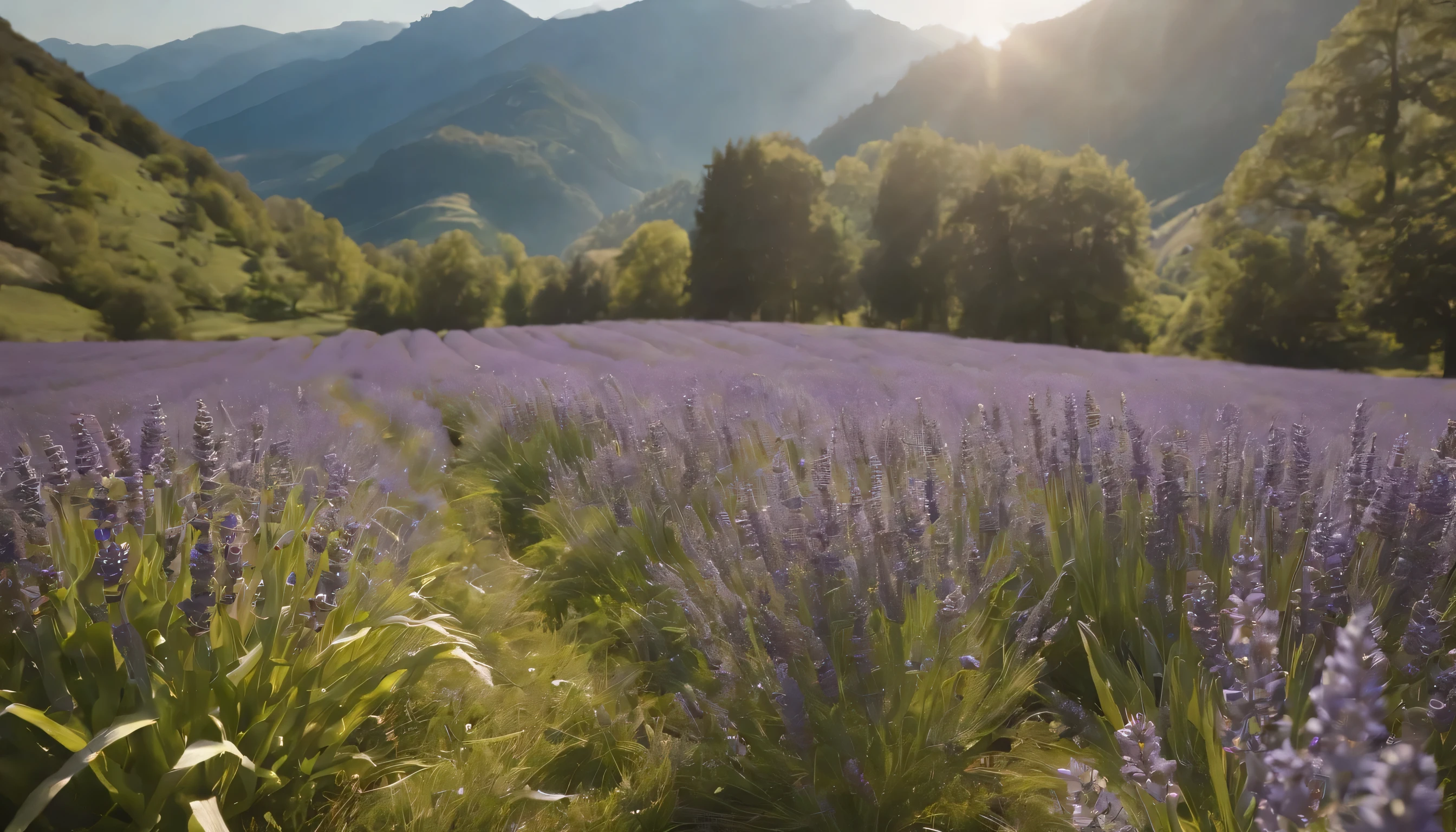 (Highly detailed CG Unity 8K wallpaper、masterpiece、highest quality、Super detailed)、(best lighting、best shadow、very delicate and beautiful)、highest quality、8K、Detailed facial depiction、masterpiece、highest quality、clear image quality、
Lavender field spreading on the mountain slope in spring、Surrounding mountains々々Please take pictures of the scenery of。
