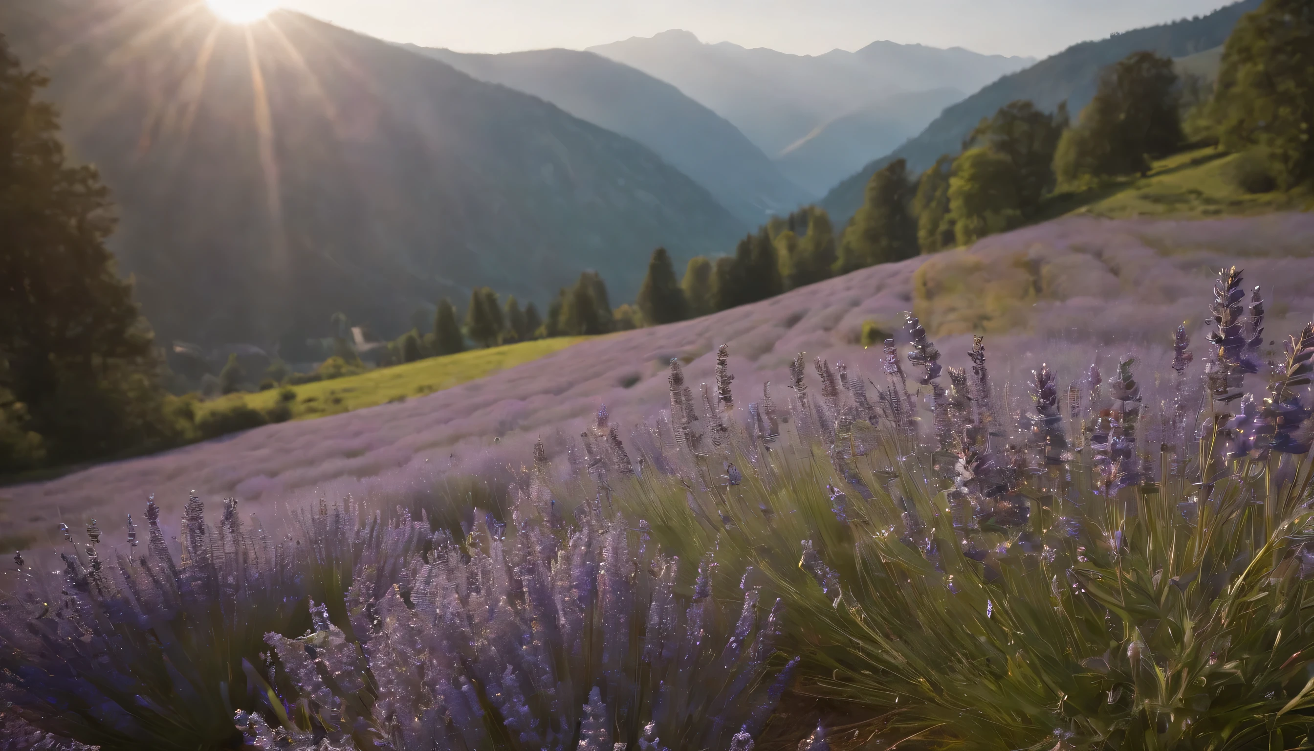 (Highly detailed CG Unity 8K wallpaper、masterpiece、highest quality、Super detailed)、(best lighting、best shadow、very delicate and beautiful)、highest quality、8K、Detailed facial depiction、masterpiece、highest quality、clear image quality、
Lavender field spreading on the mountain slope in spring、Surrounding mountains々々Please take pictures of the scenery of。