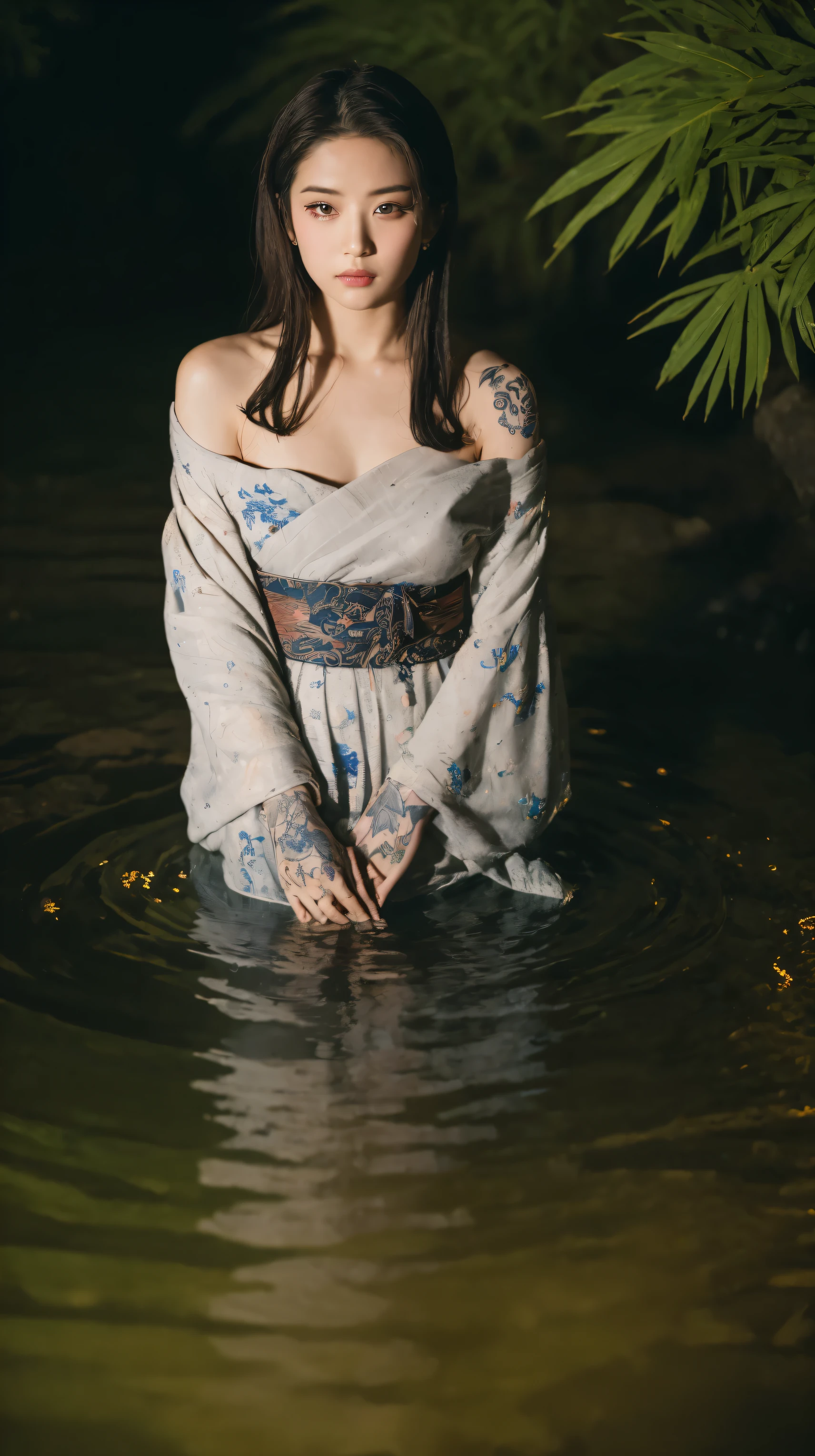 ((Best quality, 8k, Masterpiece :1.3)), Beautiful geisha in kimono.bare shoulders, ((Full Body)),Laying down on a small boat. At the waterfall lake. Night view. Moon decorated. #top-angle shot With dark light_snapshot, photo, high resolution, 4k, 8k, bokeh background)) mix4, 20d_Tattoo face texture. Tattoo Hand. Chest tattoo. Tattoo shoulder.