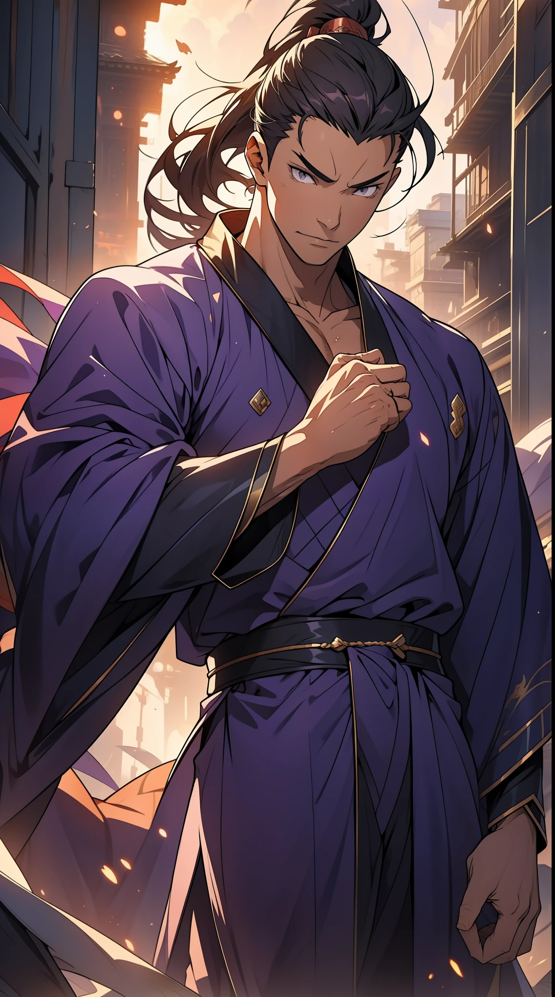 Two dimensions,anime style,one person(male warrior),proportions are correct,facial details,swordsman,high ponytail hairstyle,neck detail,Have an Adam's apple,Purple robe,joke,purple robe,clothing details,Hand over,long sleeves,Game quality,fencing,Ray tracing,Ray tracing,Detailed glow,CG rendering,hair details,long purple hair,purple eyes,Handsome,Handsome,(Youthful feeling),Clothing is complicated,Perfect composition,refine,high quality,higher details,many details,Complex background,a sense of atmosphere,