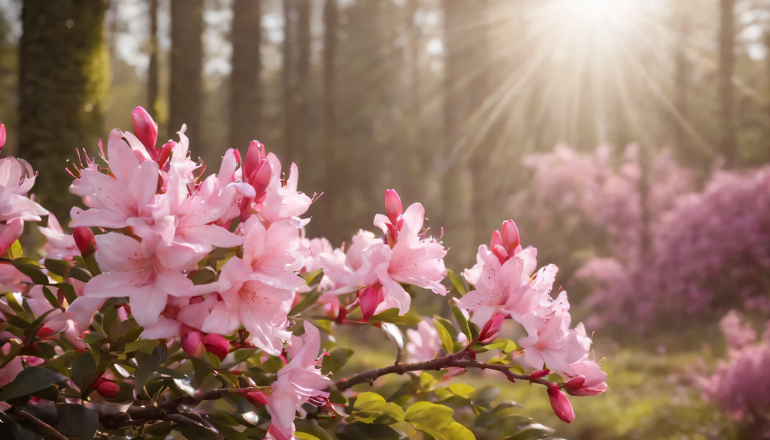 (Highly detailed CG Unity 8K wallpaper、masterpiece、highest quality、Super detailed)、(best lighting、best shadow、very delicate and beautiful)、highest quality、8K、Detailed facial depiction、masterpiece、highest quality、clear image quality、
Take photos of beautiful azalea flowers blooming in the mountain forest in spring。