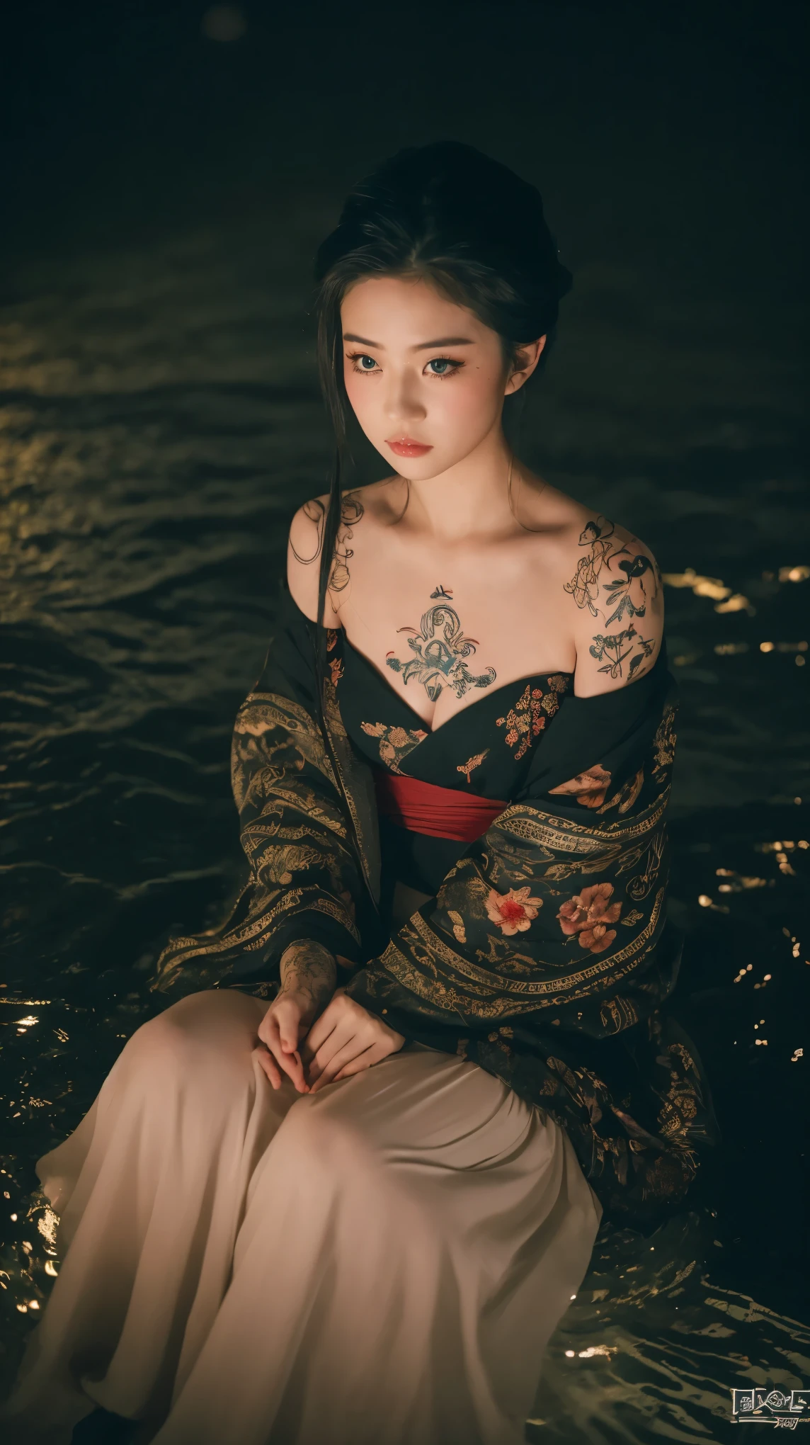 ((Best quality, 8k, Masterpiece :1.3)), Beautiful geisha in kimono.bare shoulders, ((Full Body)),Laying down on a small boat. At the waterfall lake. Night view. Moon decorated. #top-angle shot With dark light_snapshot, photo, high resolution, 4k, 8k, bokeh background)) mix4, 20d_Tattoo face texture. Tattoo Hand. Chest tattoo. Tattoo shoulder.