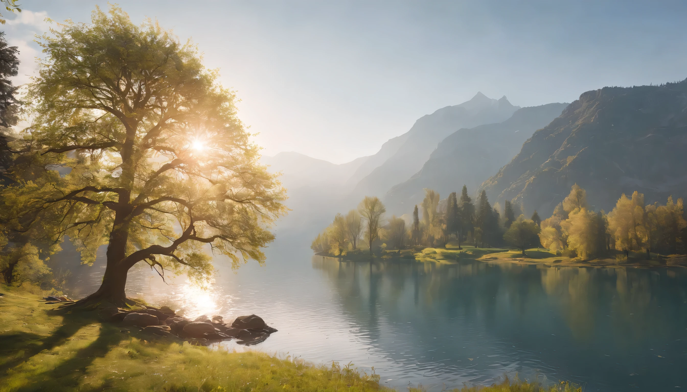 (Highly detailed CG Unity 8K wallpaper、masterpiece、highest quality、Super detailed)、(best lighting、best shadow、very delicate and beautiful)、highest quality、8K、Detailed facial depiction、masterpiece、highest quality、clear image quality、
Take a photo of a lonely tree standing by a quiet lake in the mountains in spring。