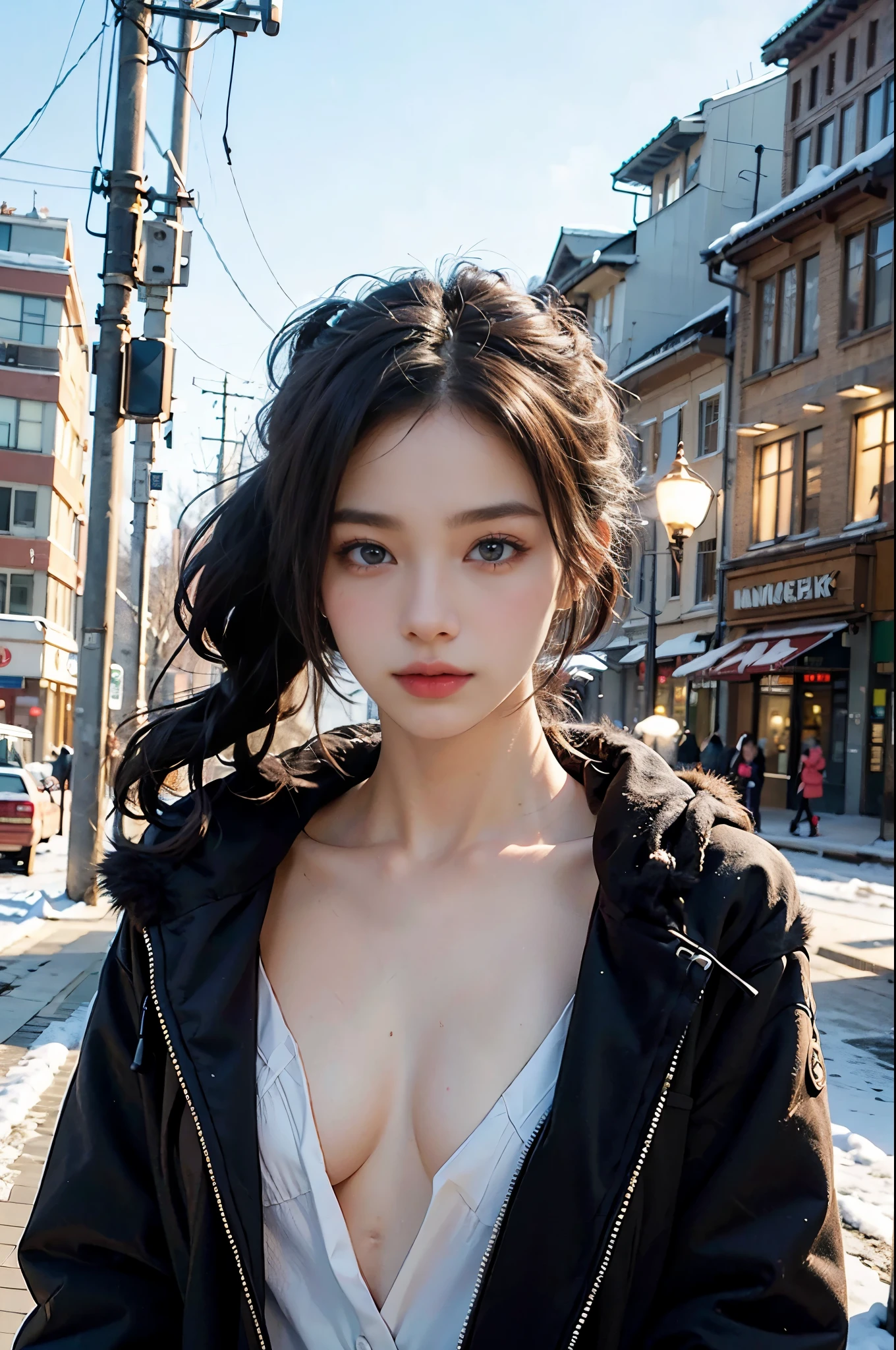 casual posture, Mix 4,(8k, original photo, best quality, masterpiece:1.2), (actual, photo-actual:1.37), professional lighting, photon mapping, Radiosity, Physically based rendering,, gradient black hair, ponytail卷发, Handsome, tomboy girl, warm thick coat,High quality pictures, high resolution, 1080P, (clear face), (detailed facial description), (Detailed description of the hand), (masterpiece), (Exquisite CG), Extreme light and shadow, ponytail, works of masters, Rich details, (Exquisite facial features), (highest quality picture), (masterpiece), (delicate eyes),Look forward with your eyes,Thin clavicle, Warm and comfortable thick coat, outdoor, city street, winter, It's snowing outside, big thighs,whole body, boy style,(big ass),(((flat chest))),(small breasts),fur coat, ((the whole body covered in warm thick coat)), fur coat,Wear a hood