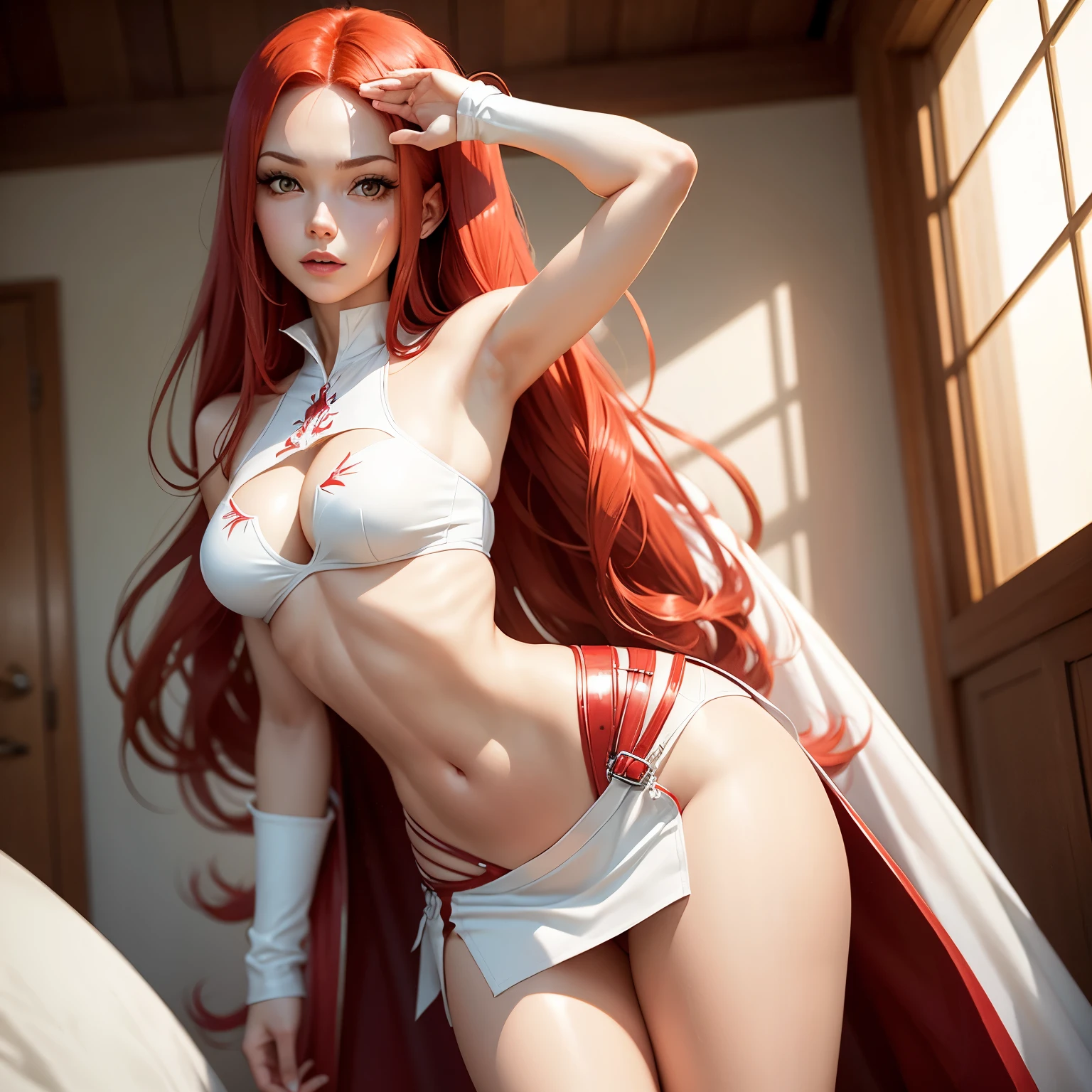 sexy woman with long red hairs showing her small breasts wering a white leather mini skirt , Erza Scarlet (Fairy Tail), nacked, vegina, Big ,