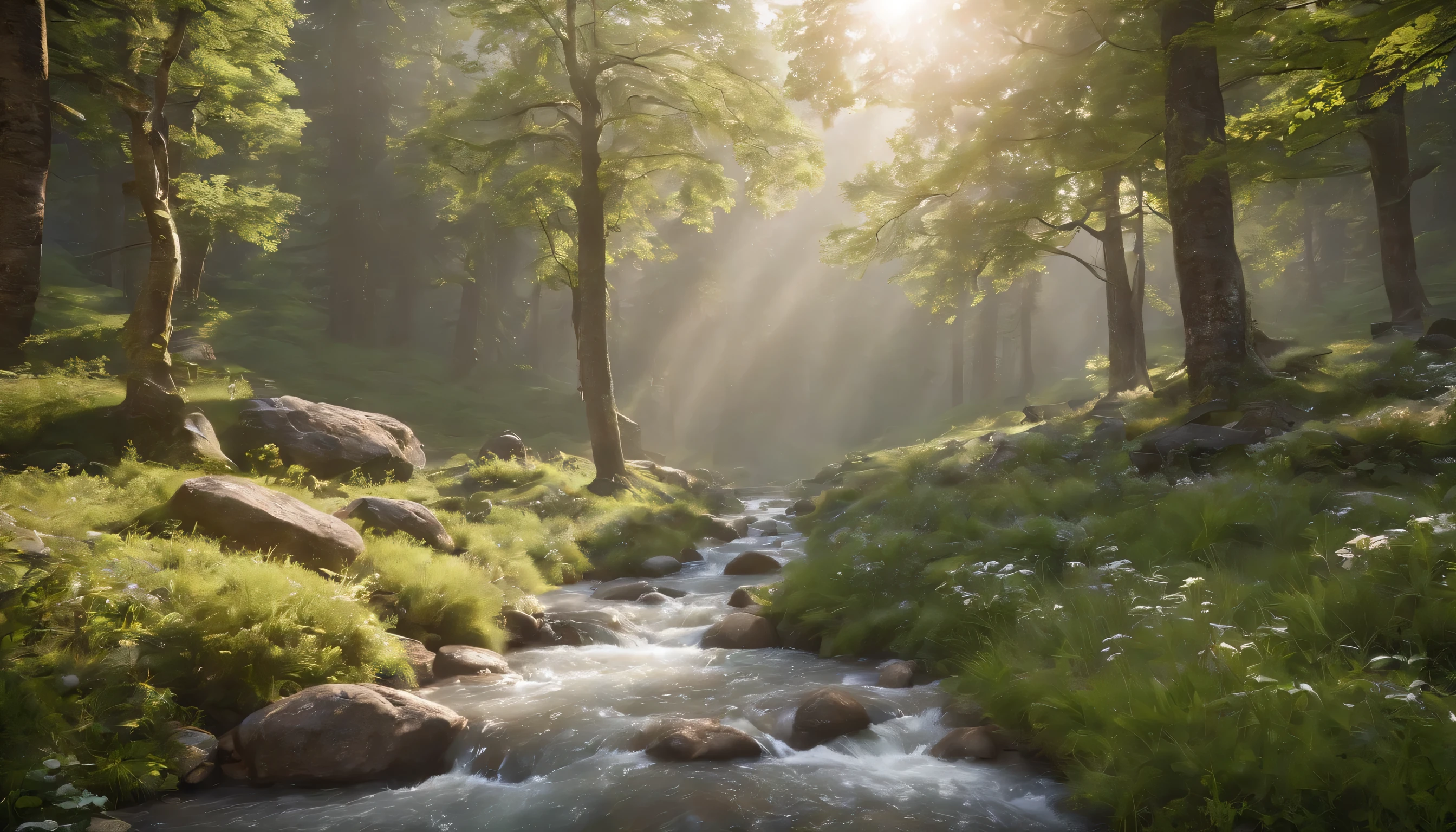 (Highly detailed CG Unity 8K wallpaper、masterpiece、highest quality、Super detailed)、(best lighting、best shadow、very delicate and beautiful)、highest quality、8K、Detailed facial depiction、masterpiece、highest quality、clear image quality、
Vast forest spreading through the mountain valley in spring.、Let's take a photo of a small river flowing through the river.。