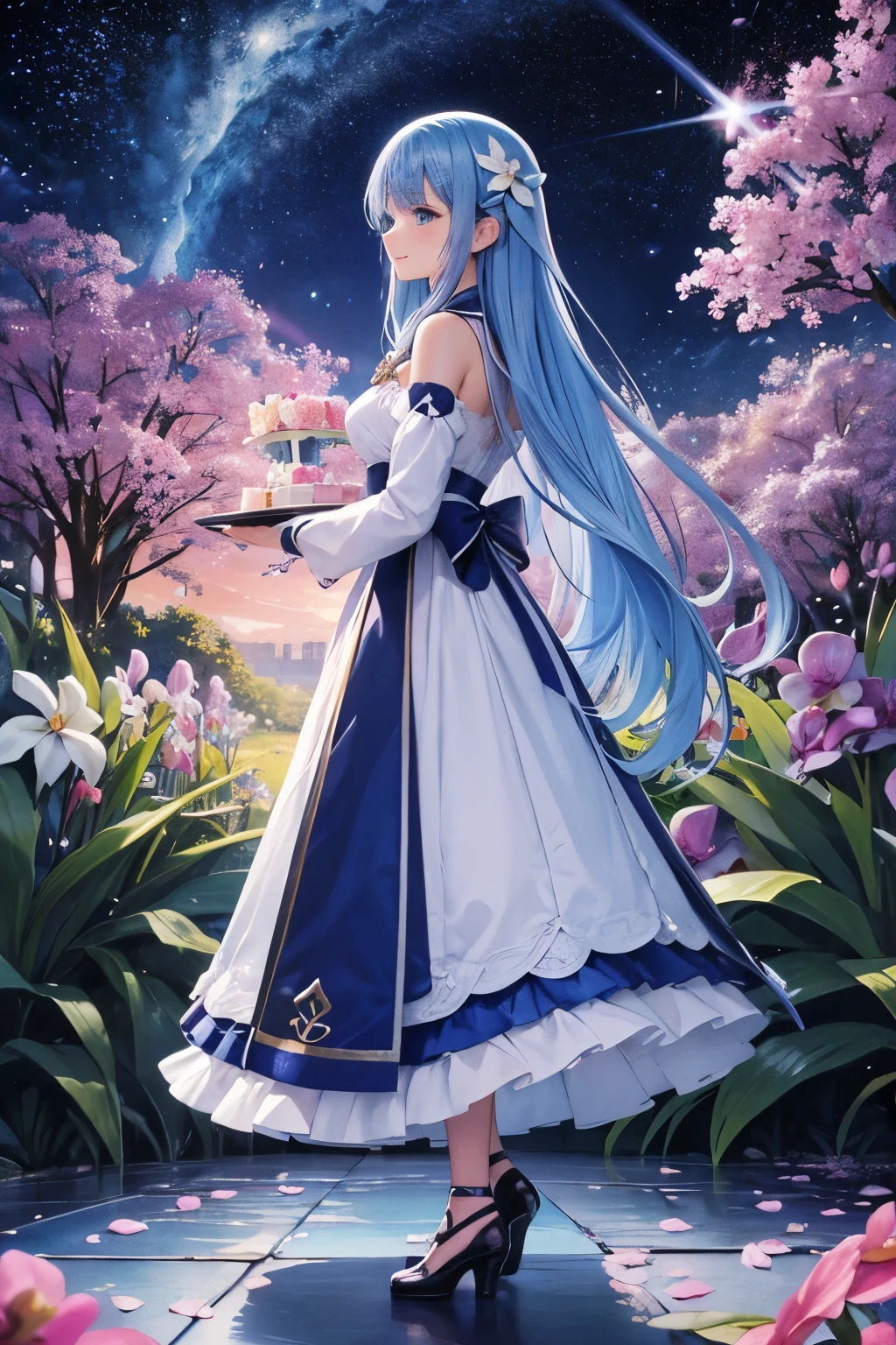 (High resolution、Super detailed、nffsw、movie)、alone、1 girl、happiness、Girl Standing In Orchid Flower Garden、Girl around the petals、cute smile、Full body Esbian、long-haired girl with blue hair、Light blueの髪、black eye、Making a big cake for Valentine's Day、look at the camera、fantasy、official art、pop art、profile、highly detailed face、highly detailed eyes、Orchid Flower Garden、Ultra Detailed Fields、Bright starry sky、Light blue、blanche、nebula in the sky、watercolor painting、pastel colour