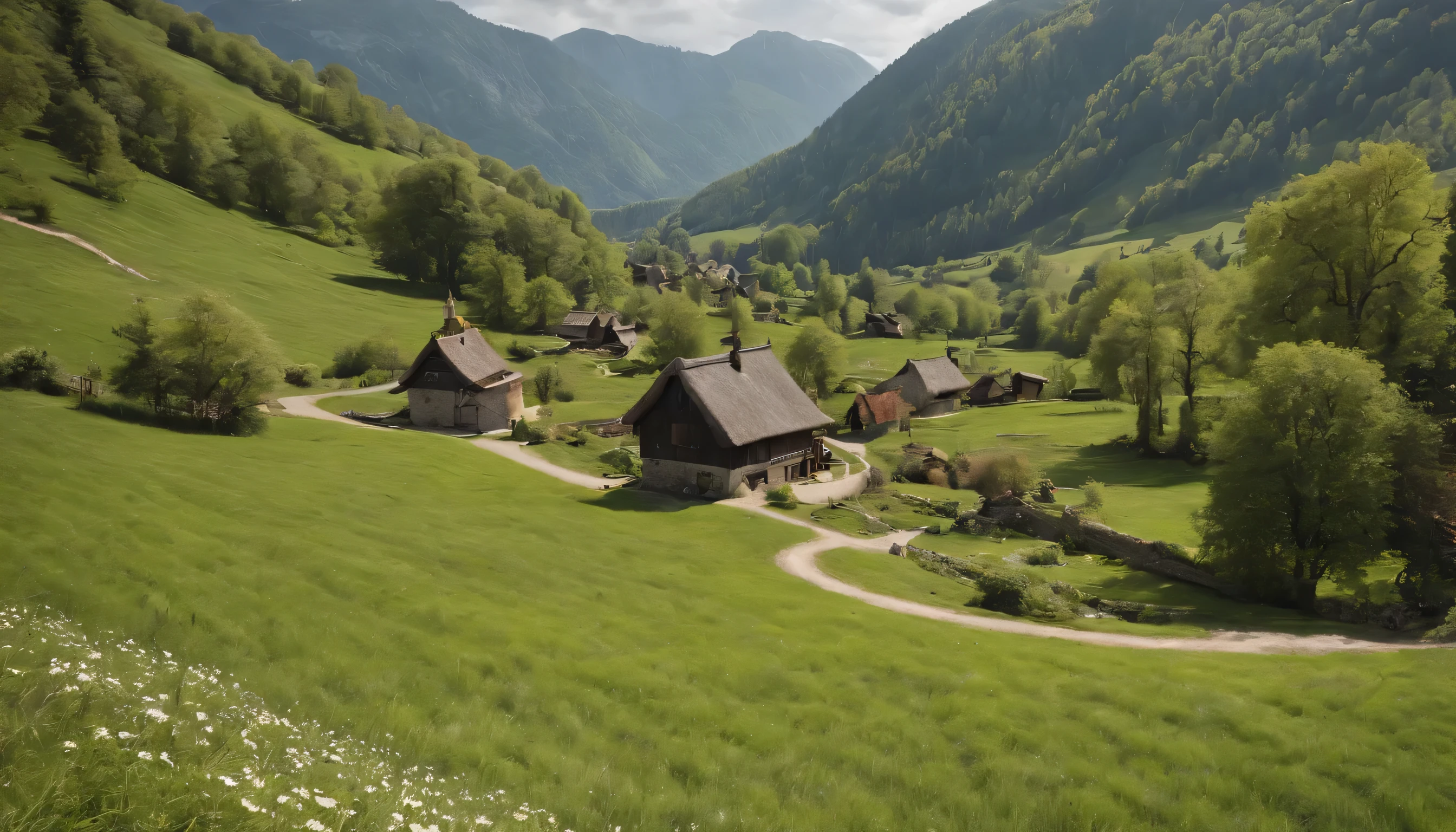 (Highly detailed CG Unity 8K wallpaper、masterpiece、highest quality、Super detailed)、(best lighting、best shadow、very delicate and beautiful)、highest quality、8K、Detailed facial depiction、masterpiece、highest quality、clear image quality、
Rural scenery spreading at the foot of the mountains in spring.、Take photos of the small village that stands there.。