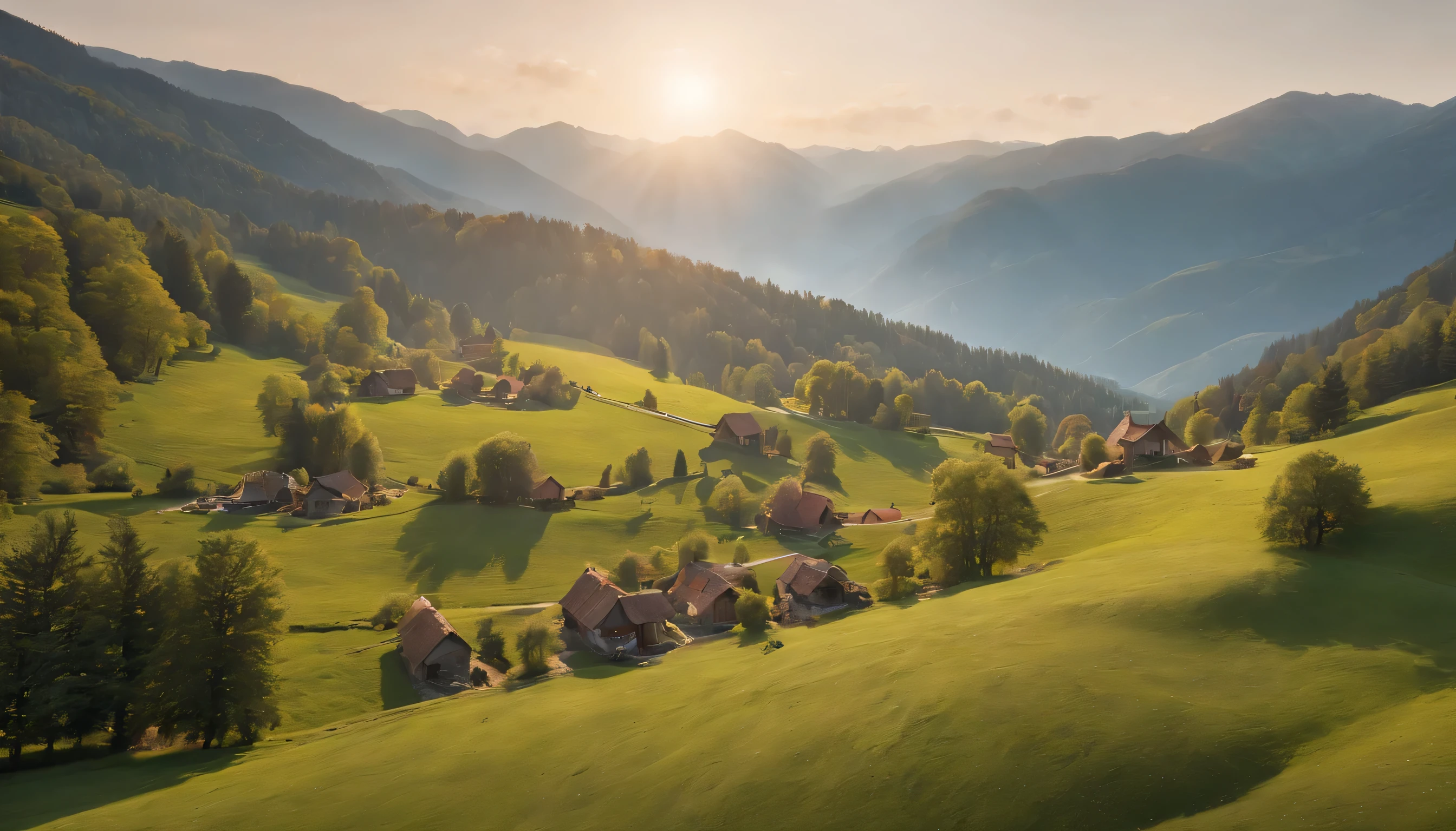 (Highly detailed CG Unity 8K wallpaper、masterpiece、highest quality、Super detailed)、(best lighting、best shadow、very delicate and beautiful)、highest quality、8K、Detailed facial depiction、masterpiece、highest quality、clear image quality、
Rural scenery spreading at the foot of the mountains in spring.、Take photos of the small village that stands there.。