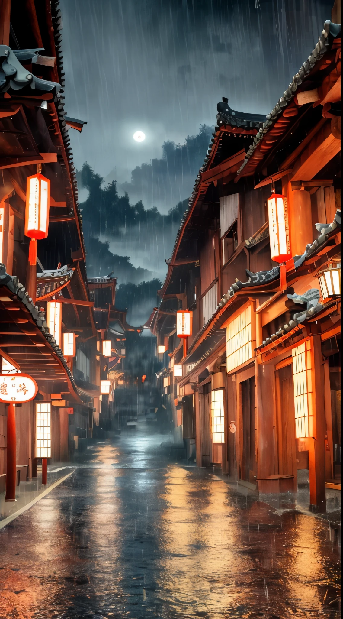 arafed view of a village with a lot of lights on the buildings, dreamy chinese town, chinese village, amazing wallpaper, japanese town, japanese village, hyper realistic photo of a town, old asian village, japanese city, by Raymond Han, rainy evening, cyberpunk chinese ancient castle, beautifully lit buildings, at evening during rain, beautiful and aesthetic, photography, cinematic, 8k, high detailed ((Heavy rain)))