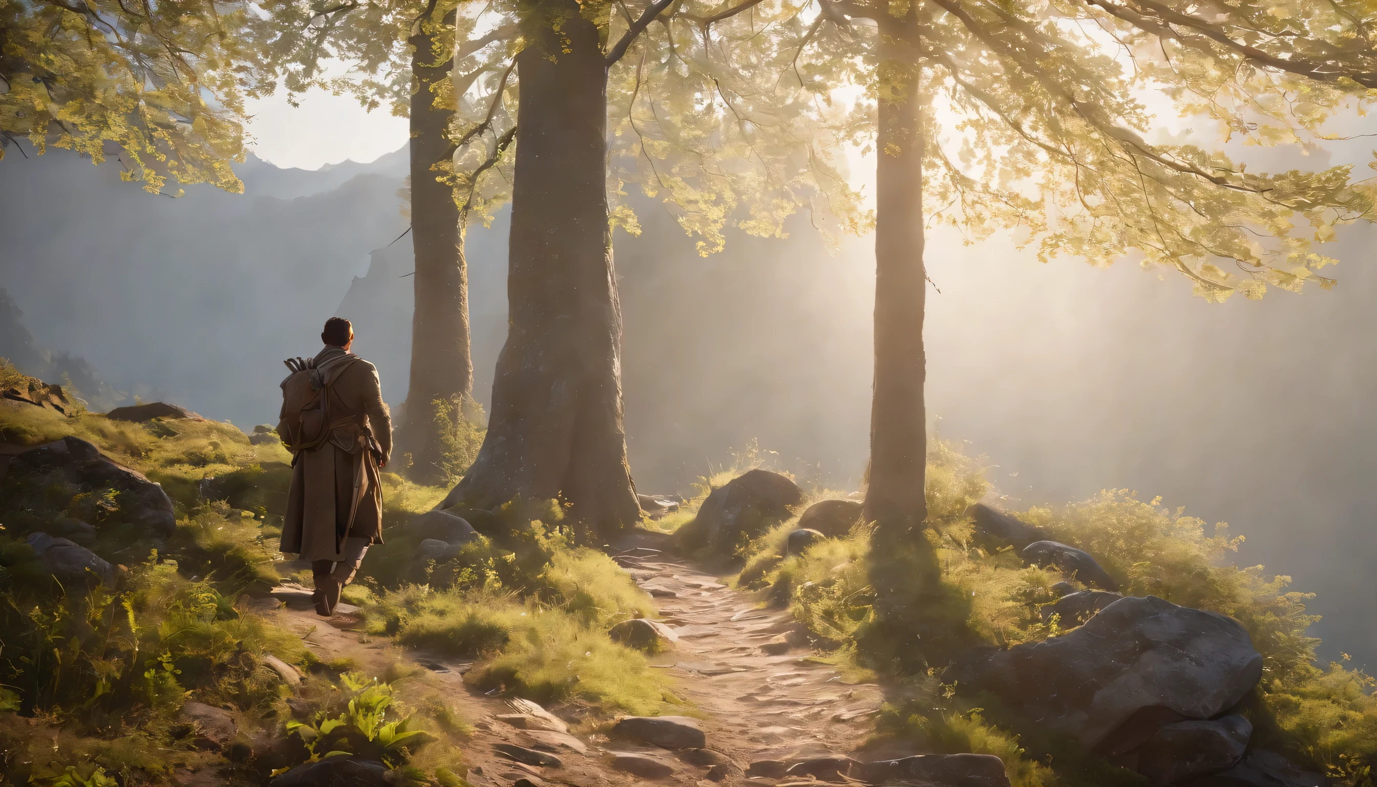 (Highly detailed CG Unity 8K wallpaper、masterpiece、highest quality、Super detailed)、(best lighting、best shadow、very delicate and beautiful)、highest quality、8K、Detailed facial depiction、masterpiece、highest quality、clear image quality、
Take a photo of an adventurer standing on a spring mountain path。