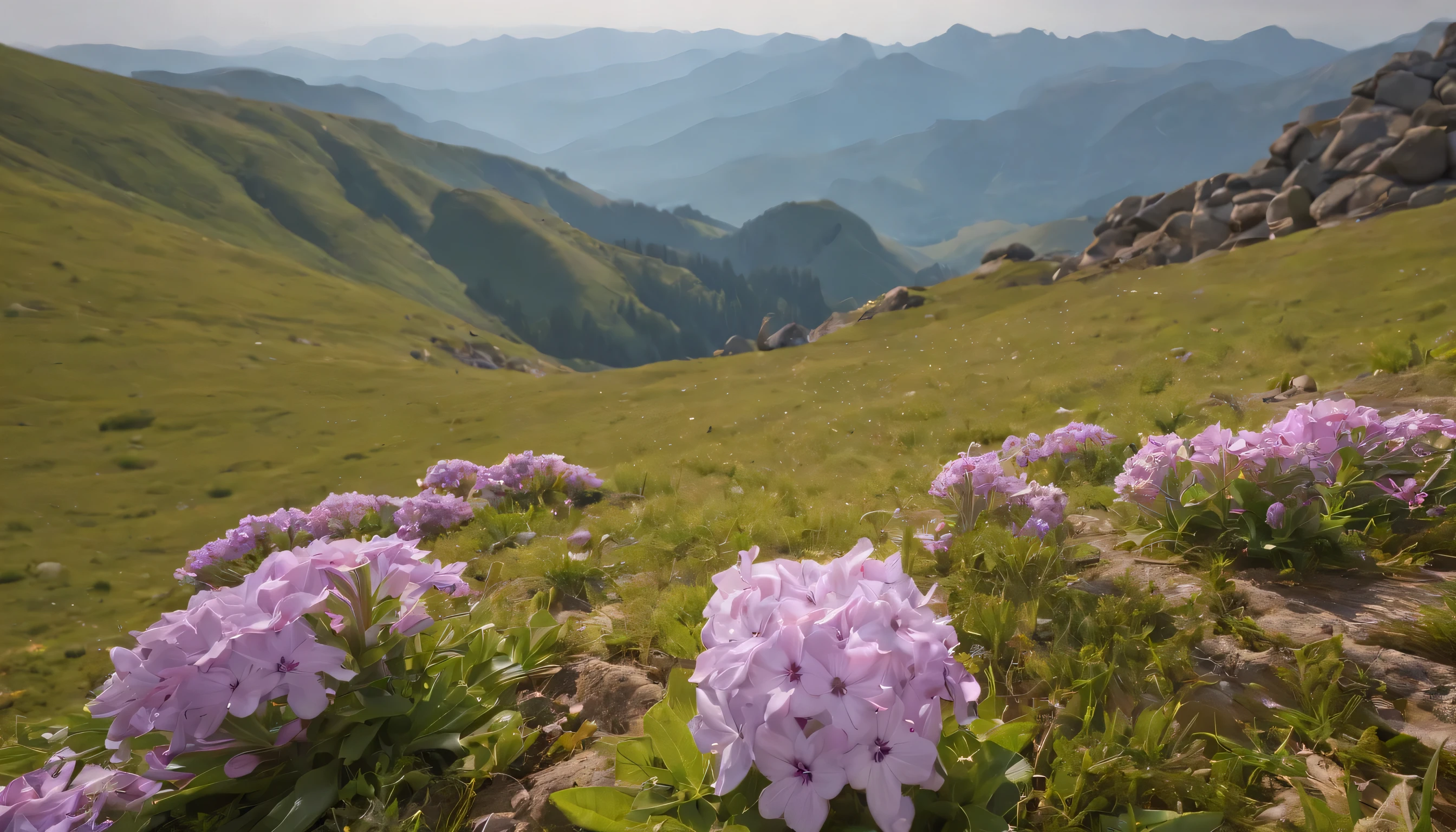 (Highly detailed CG Unity 8K wallpaper、masterpiece、highest quality、Super detailed)、(best lighting、best shadow、very delicate and beautiful)、highest quality、8K、Detailed facial depiction、masterpiece、highest quality、clear image quality、
A carpet of moss phlox spreads on the mountain slope in spring.、Take a photo of the blue sky above it。